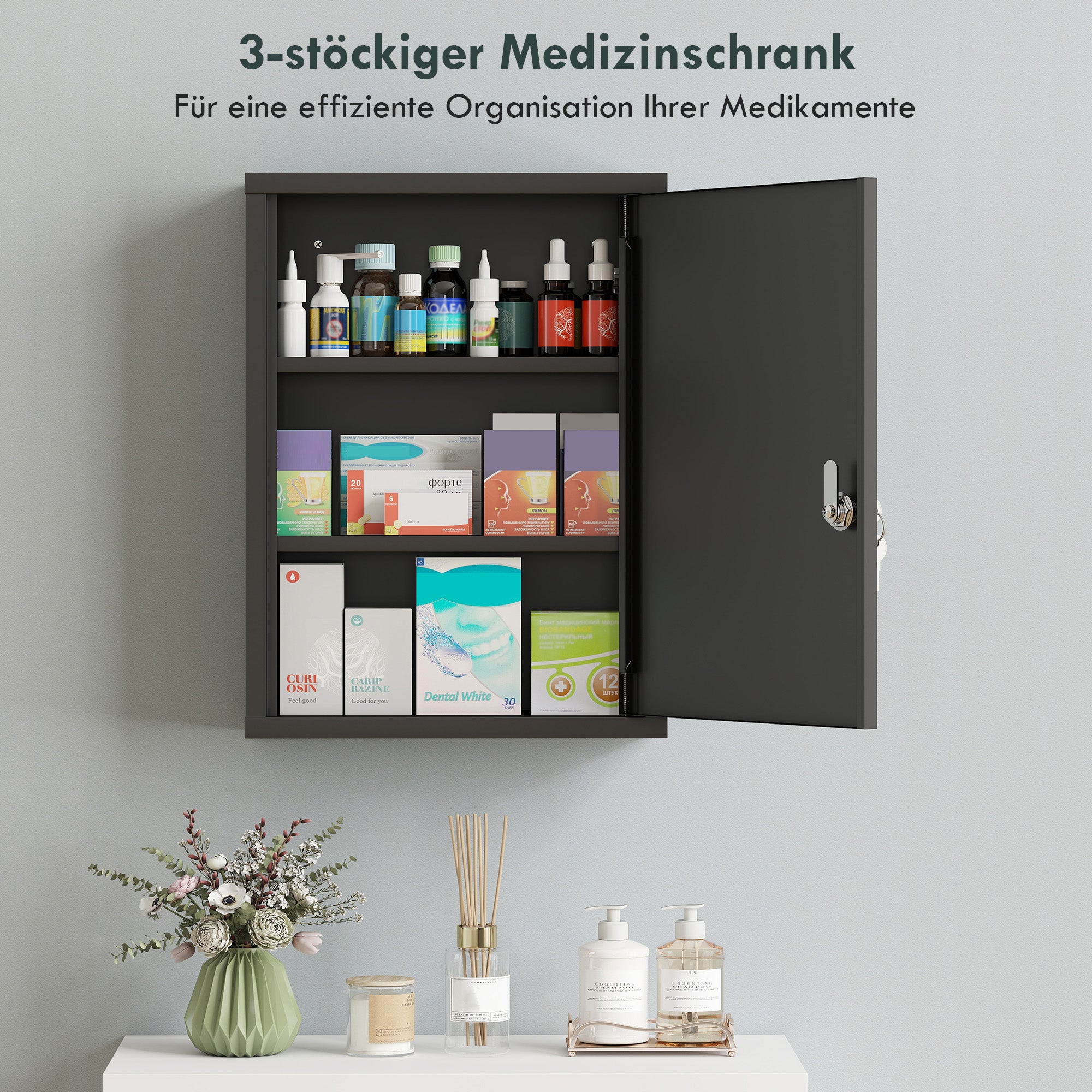 Medicine Cabinet, Pharmacy Cabinet with 3 Compartments, Lockable First Aid Cabinet with 2 Keys, Steel, Black, 15.7 x 5.9 x 21.1 in (40 x 15 x 53.5 cm)