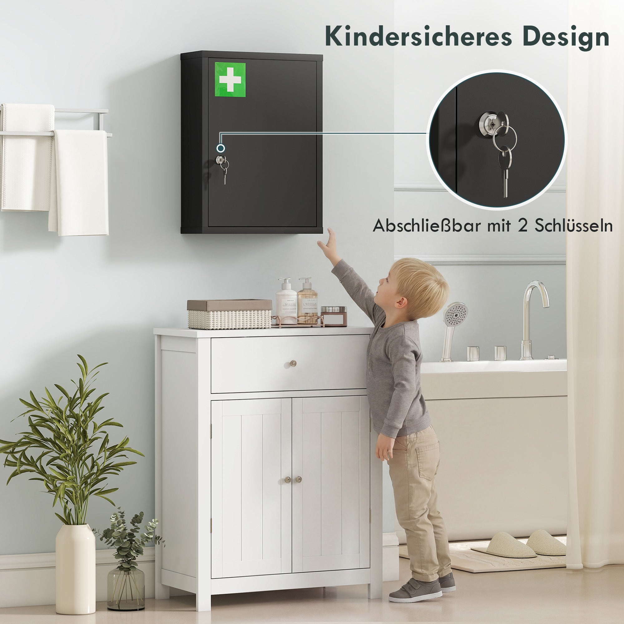 Medicine Cabinet, Pharmacy Cabinet with 3 Compartments, Lockable First Aid Cabinet with 2 Keys, Steel, Black, 15.7 x 5.9 x 21.1 in (40 x 15 x 53.5 cm)