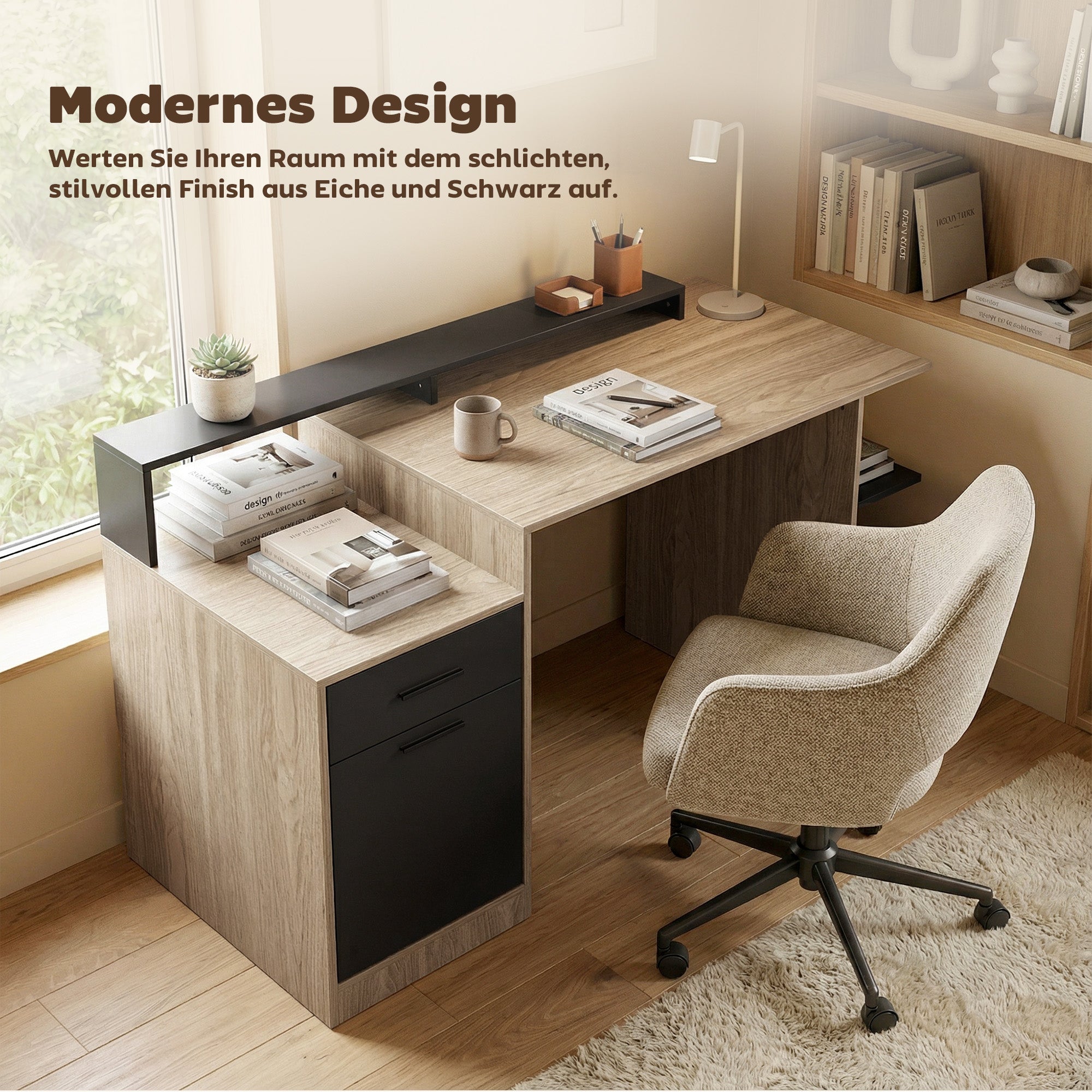 140x60 cm Computer Desk with Drawers, Headphone Hook, Cabinet & Shelves — Oak/Black