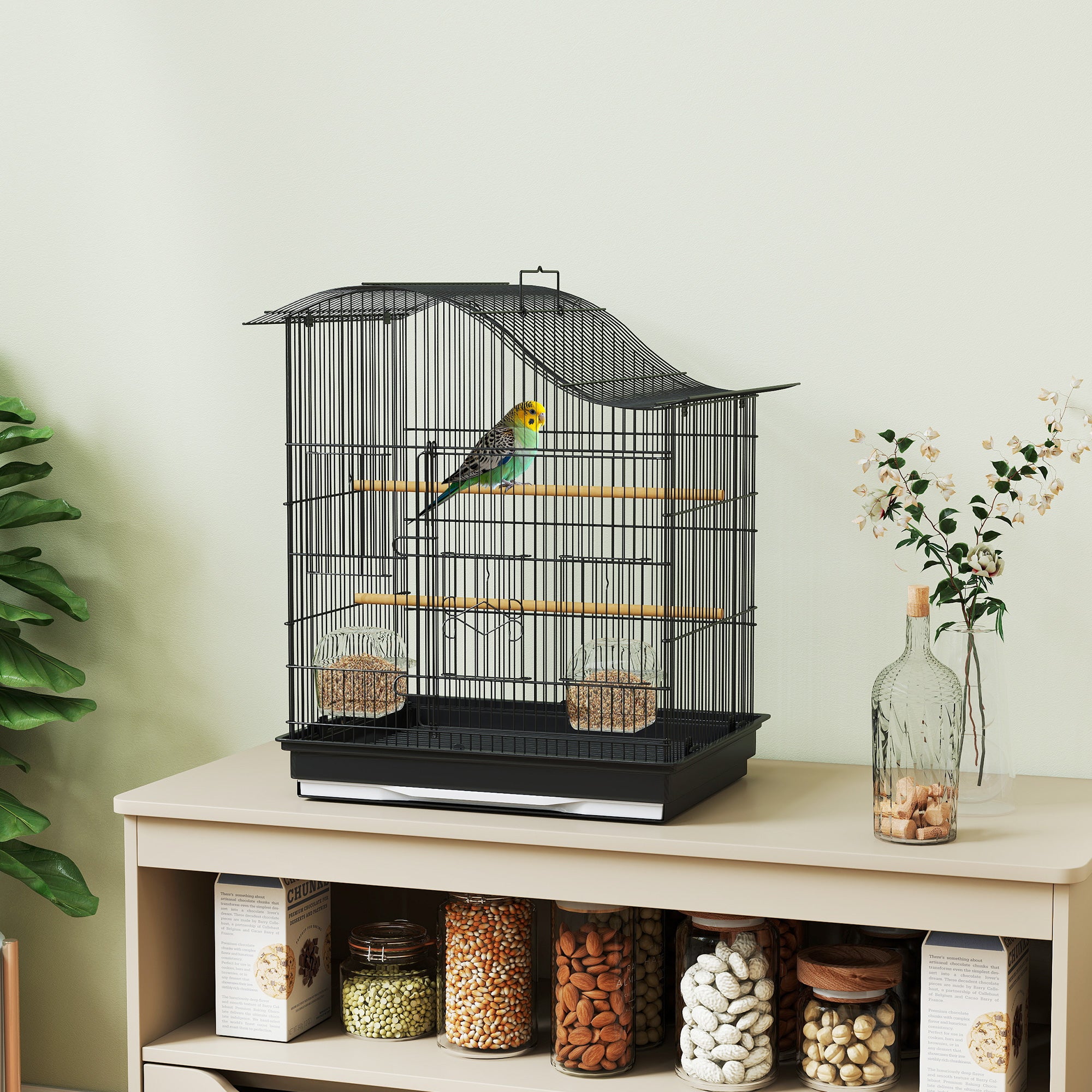 4-Access Bird Cage with 2 Bowls, 2 Perches & Removable Tray — Metal & Plastic, 18.7 x 14.2 x 21.5 in (47.5 x 36 x 54.5 cm) — Black
