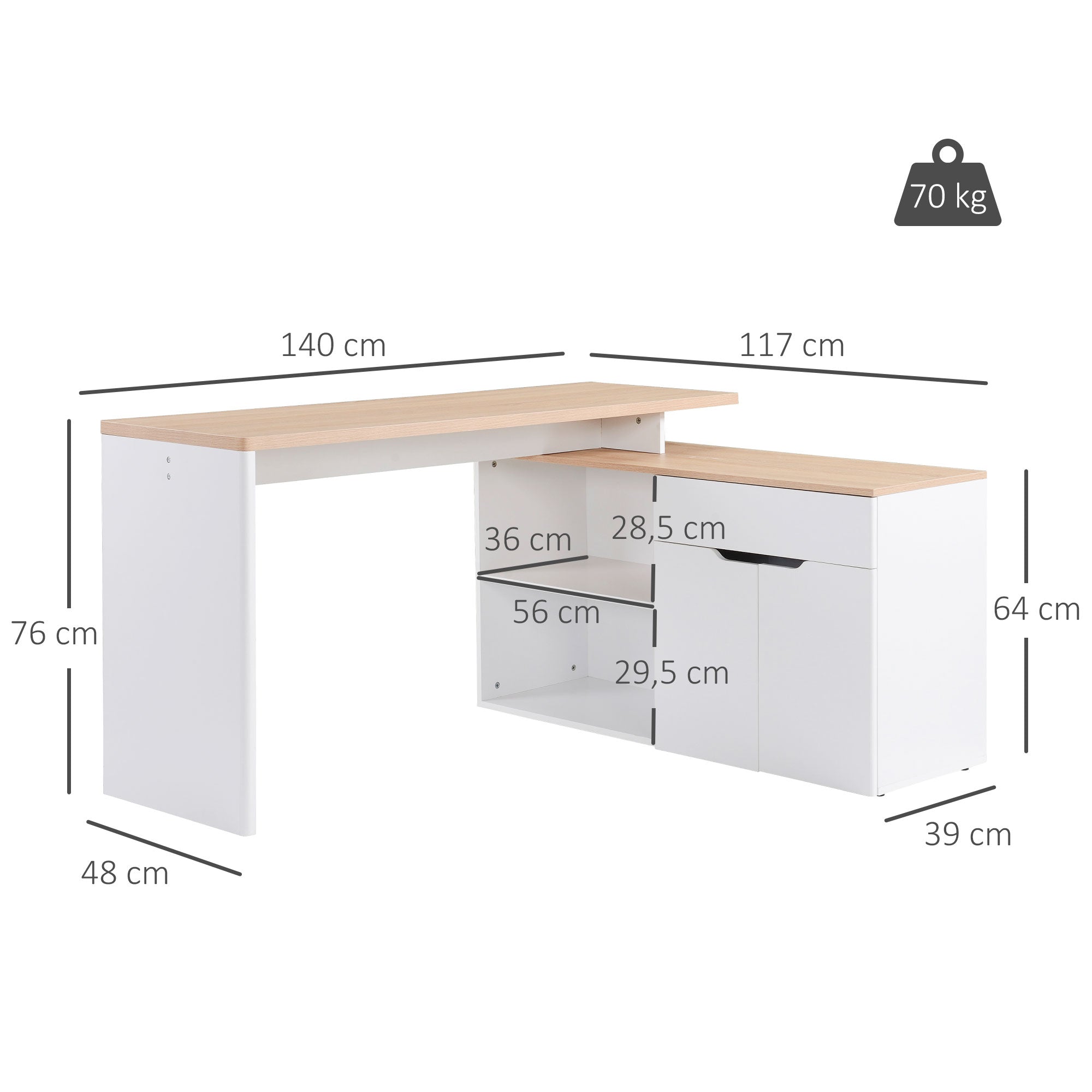 White Light Wood Computer Desk with Modular Multi-Storage Double Niche + Drawer and Cabinet