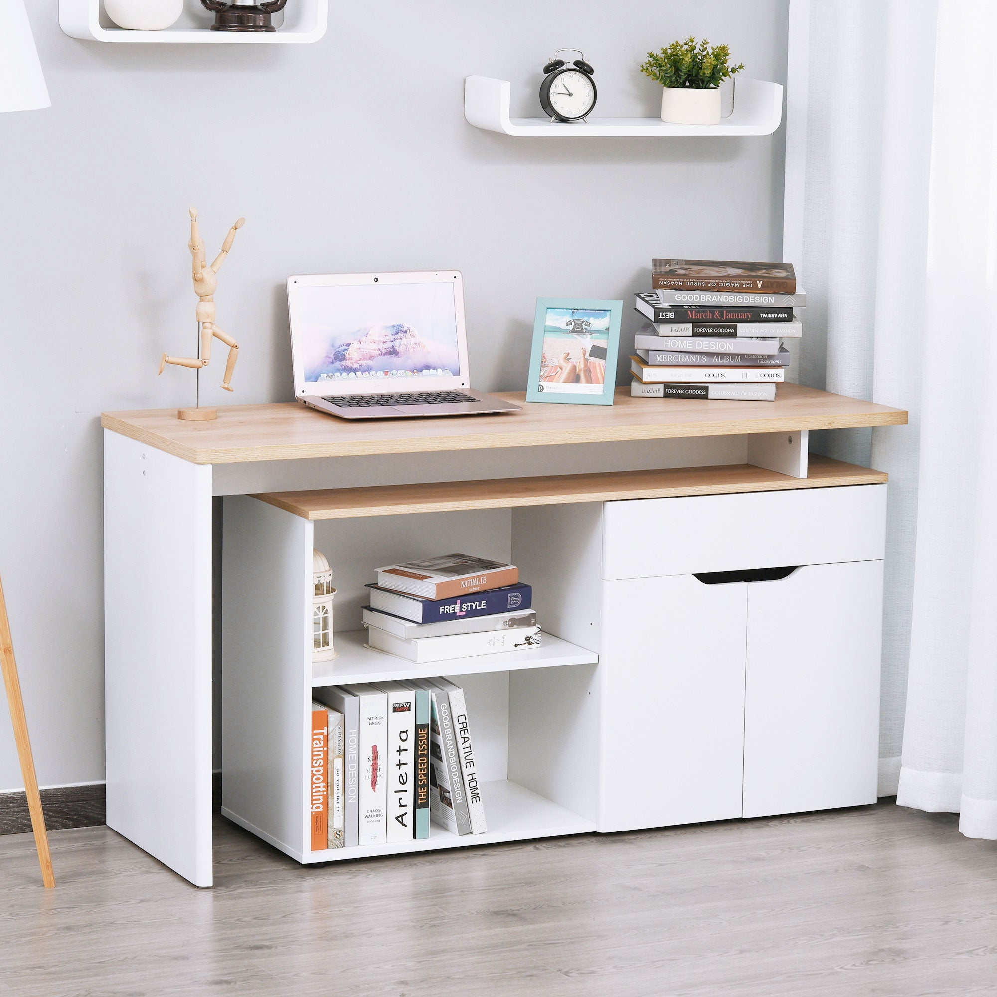 White Light Wood Computer Desk with Modular Multi-Storage Double Niche + Drawer and Cabinet