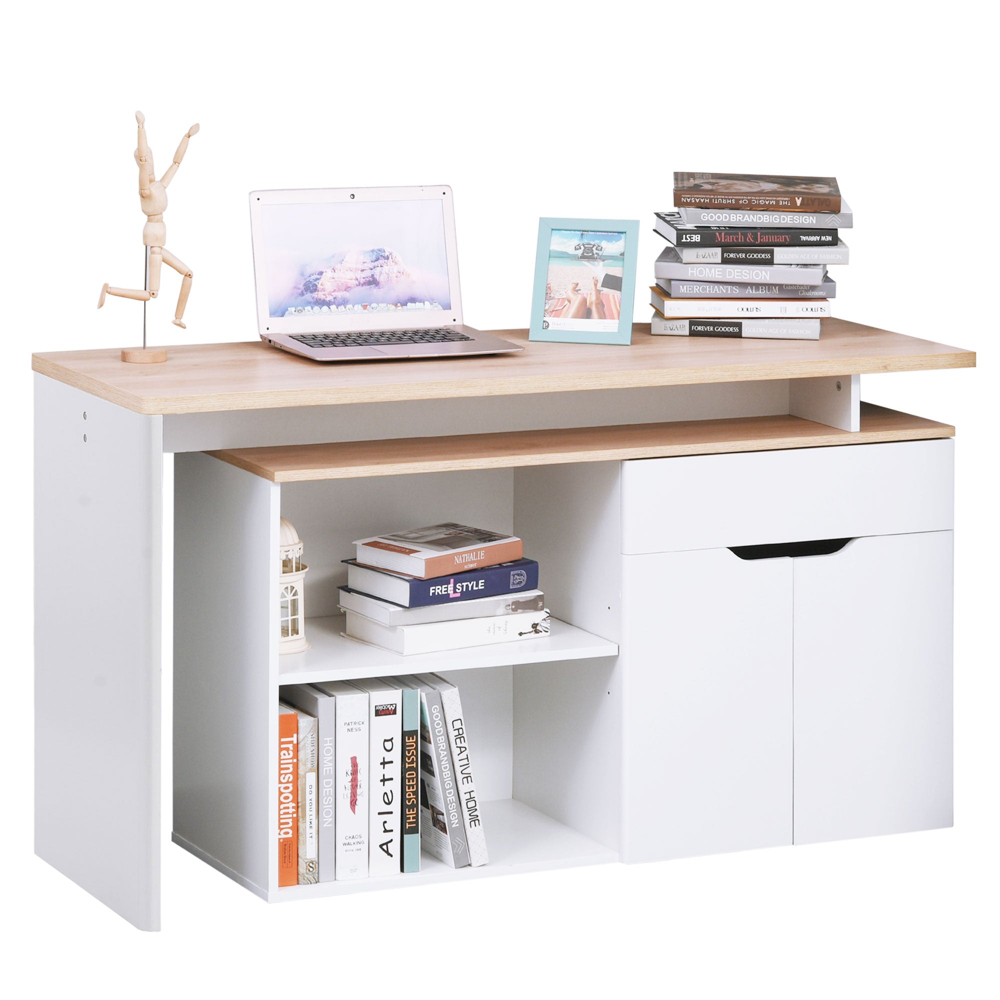 White Light Wood Computer Desk with Modular Multi-Storage Double Niche + Drawer and Cabinet