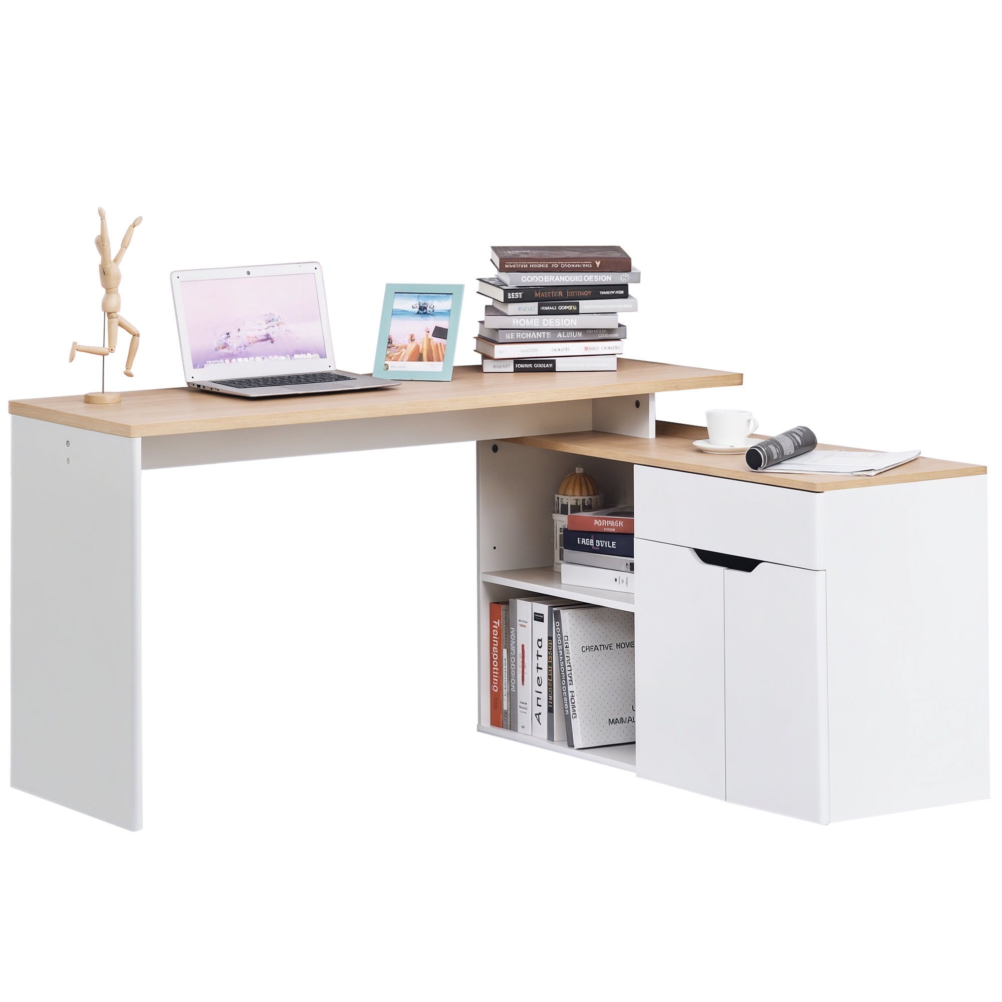 White Light Wood Computer Desk with Modular Multi-Storage Double Niche + Drawer and Cabinet