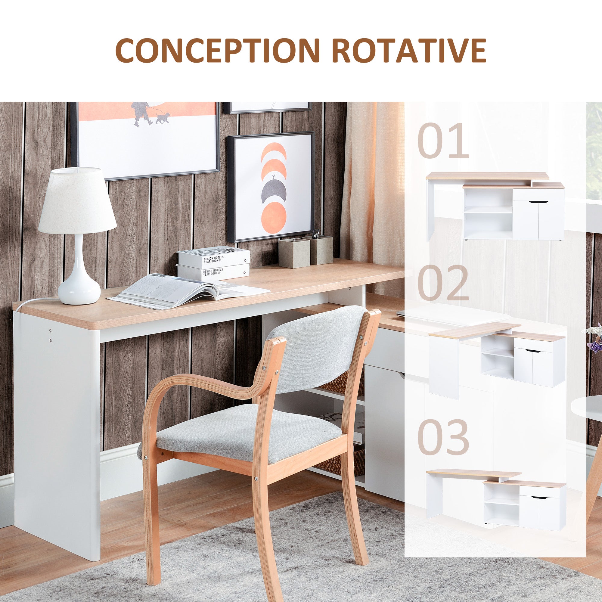 White Light Wood Computer Desk with Modular Multi-Storage Double Niche + Drawer and Cabinet