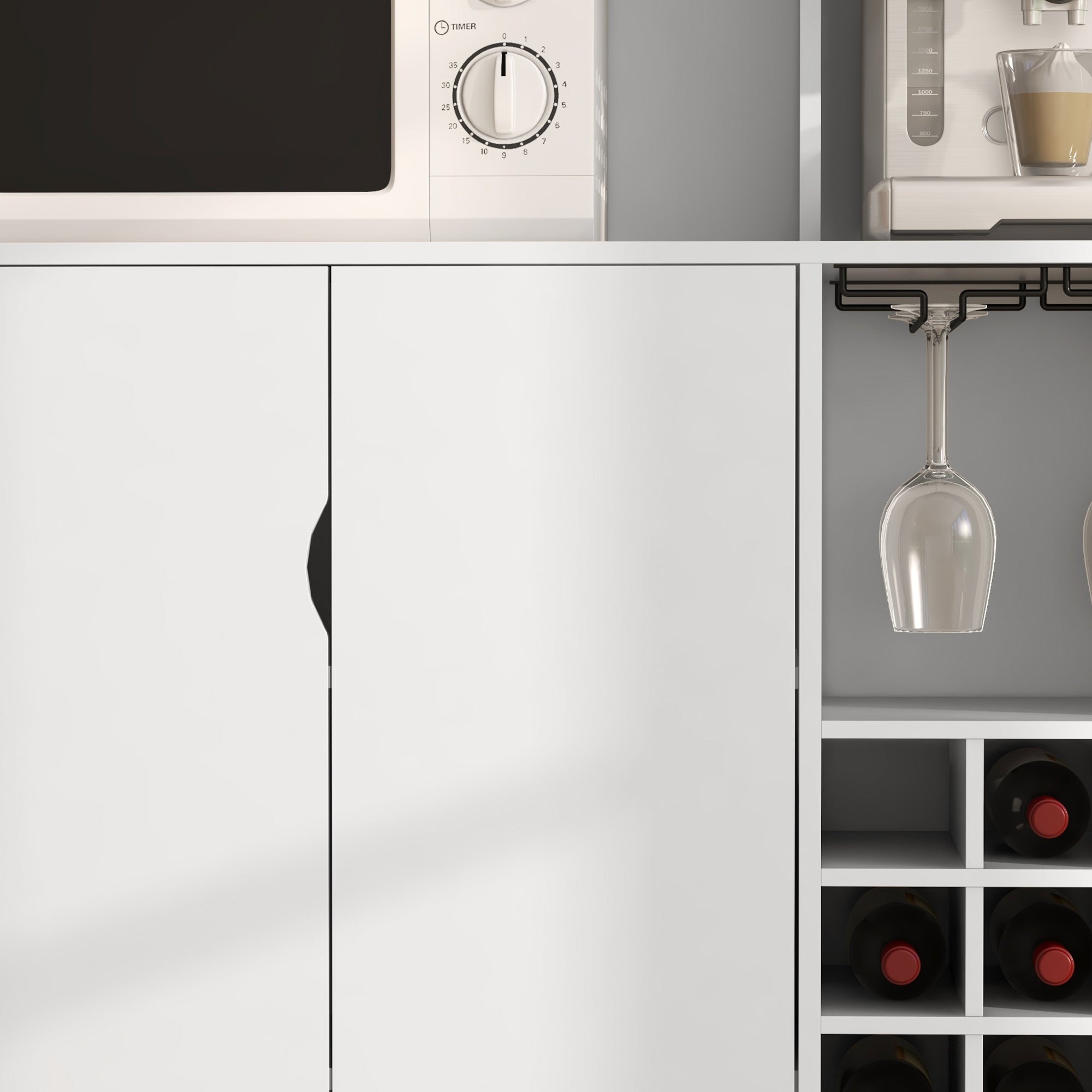 Tall Pantry Cabinet with Wine Rack, 3 Cabinets, 4 Shelves, and Drawer, Modern Pantry in Chipboard and Pine Wood, 100x38x172 cm, White