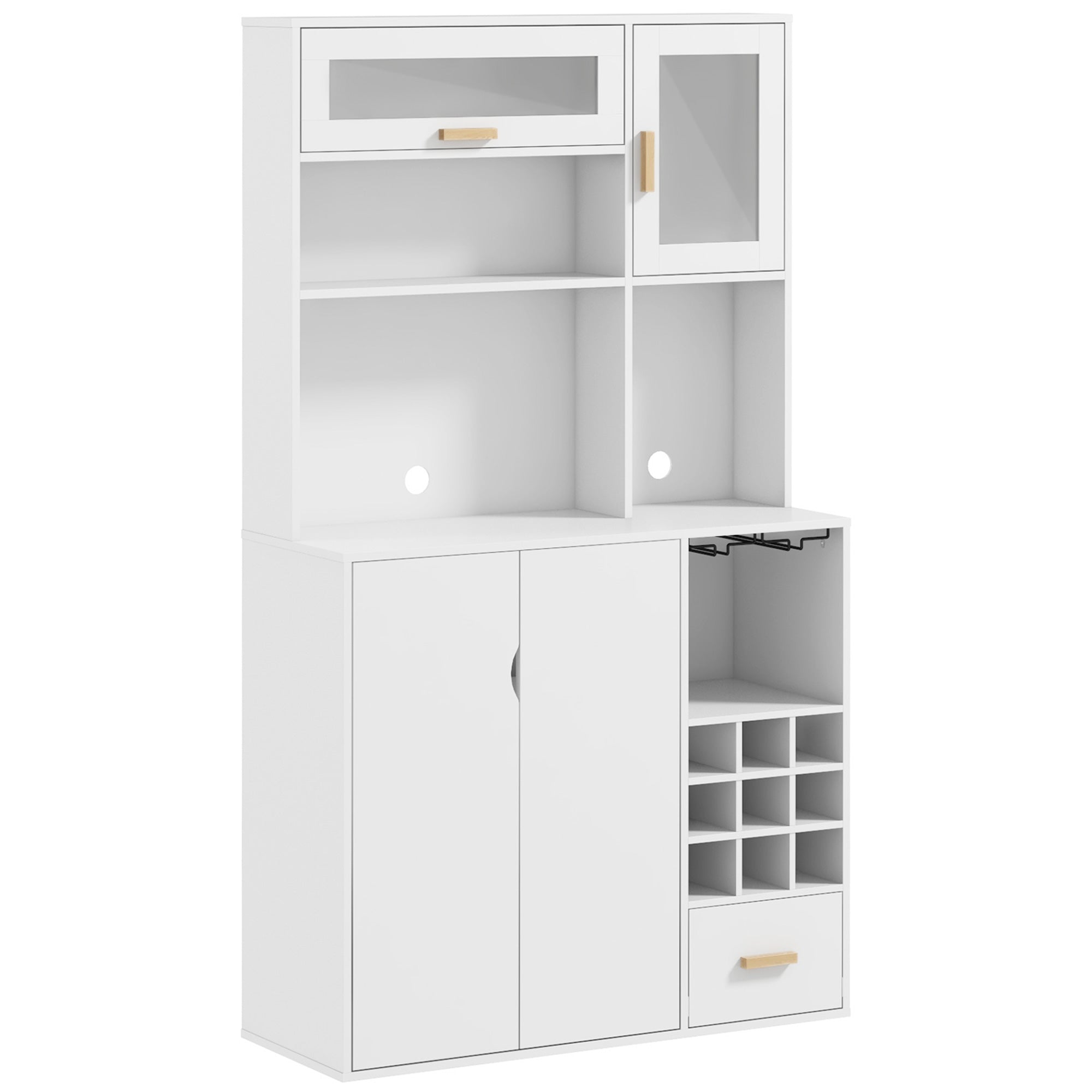 Tall Pantry Cabinet with Wine Rack, 3 Cabinets, 4 Shelves, and Drawer, Modern Pantry in Chipboard and Pine Wood, 100x38x172 cm, White