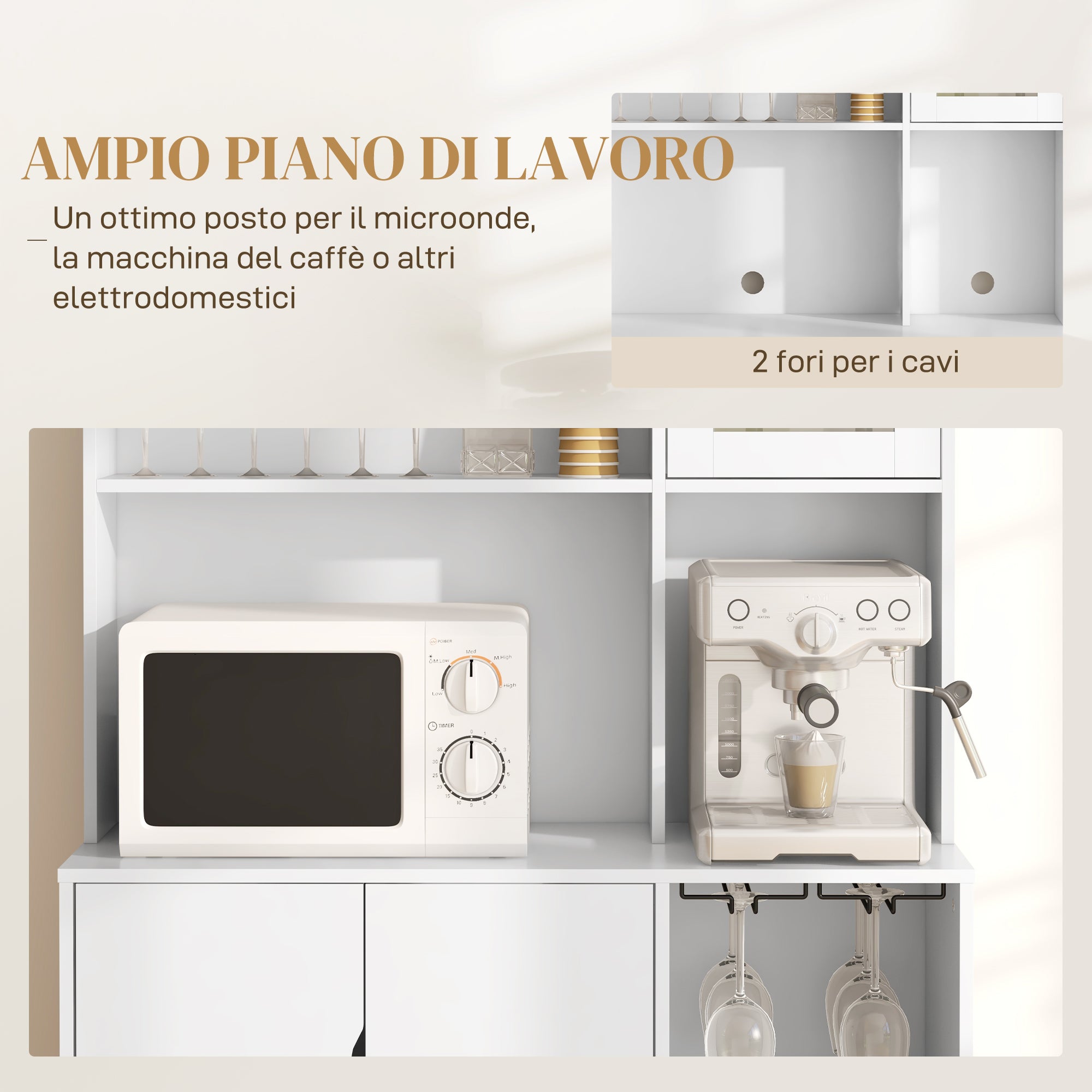 Tall Pantry Cabinet with Wine Rack, 3 Cabinets, 4 Shelves, and Drawer, Modern Pantry in Chipboard and Pine Wood, 100x38x172 cm, White
