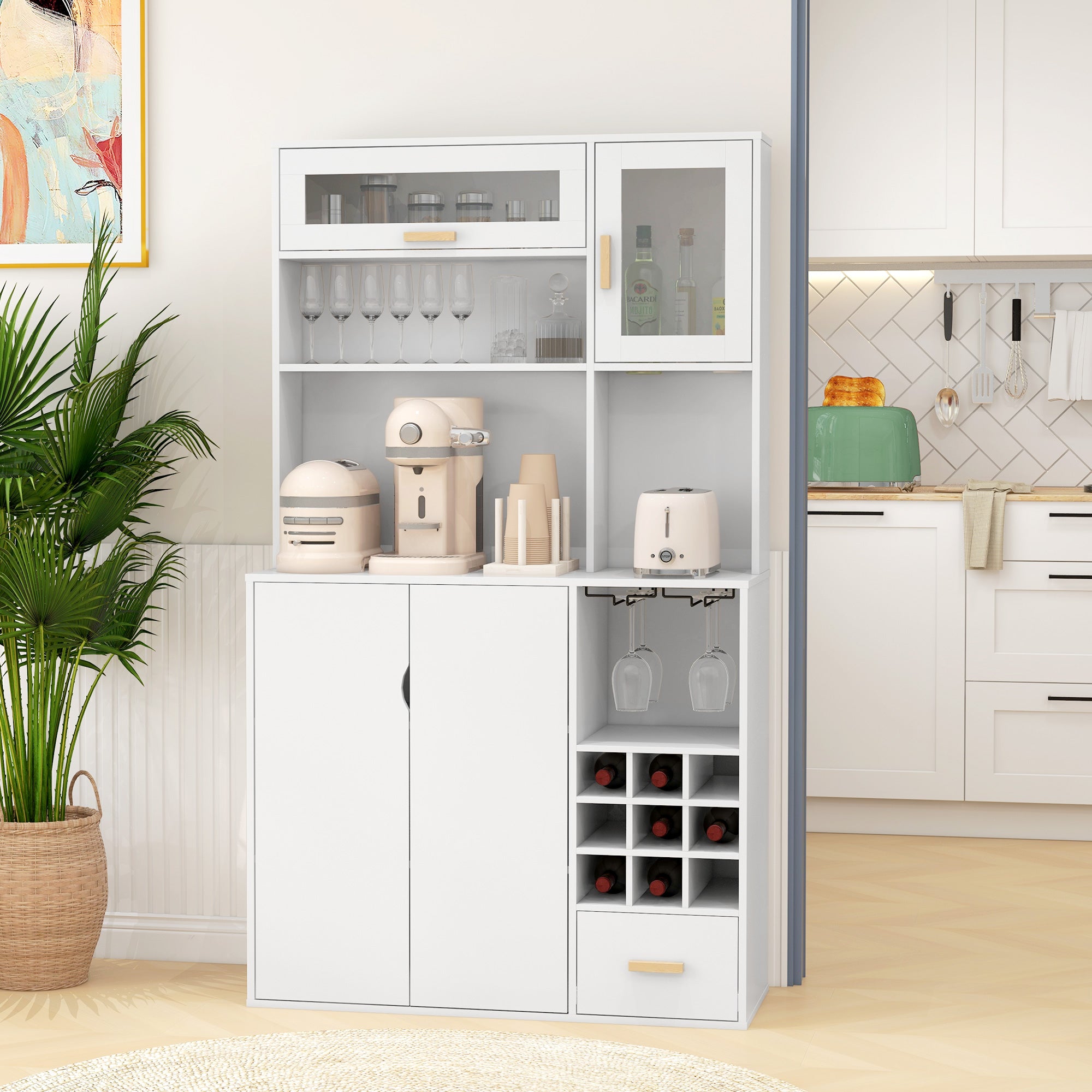 Tall Pantry Cabinet with Wine Rack, 3 Cabinets, 4 Shelves, and Drawer, Modern Pantry in Chipboard and Pine Wood, 100x38x172 cm, White