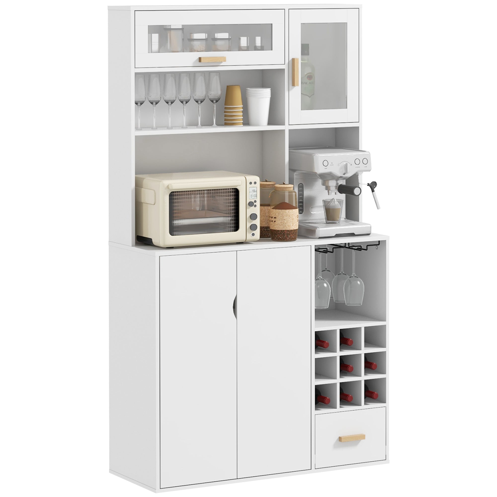 Tall Pantry Cabinet with Wine Rack, 3 Cabinets, 4 Shelves, and Drawer, Modern Pantry in Chipboard and Pine Wood, 100x38x172 cm, White