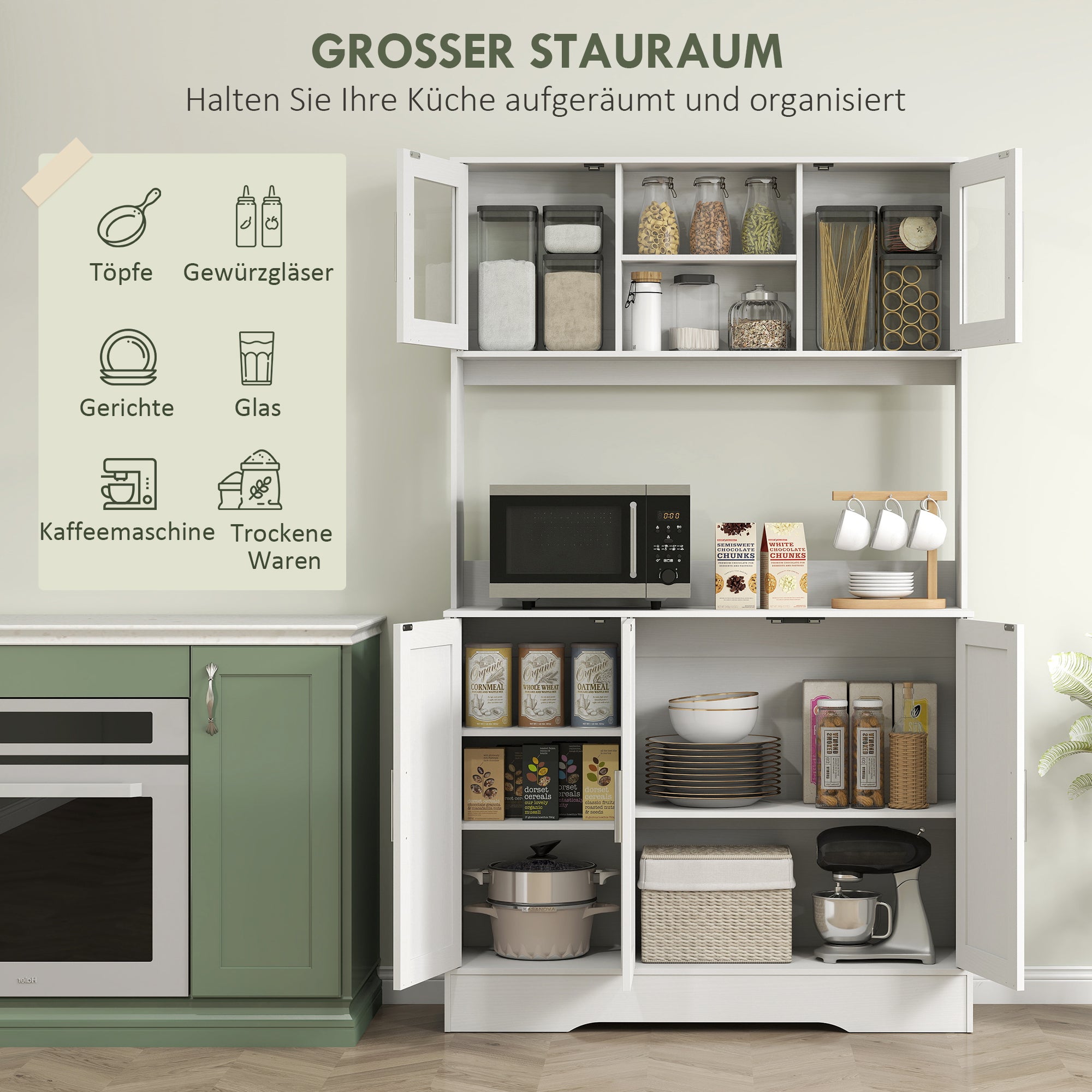 Kitchen Cabinet Tall Cabinet with Countertop Buffet Cabinet with Adjustable Shelves, 5 Doors, Pantry Cabinet with Glass Doors, Scandinavian Design, White
