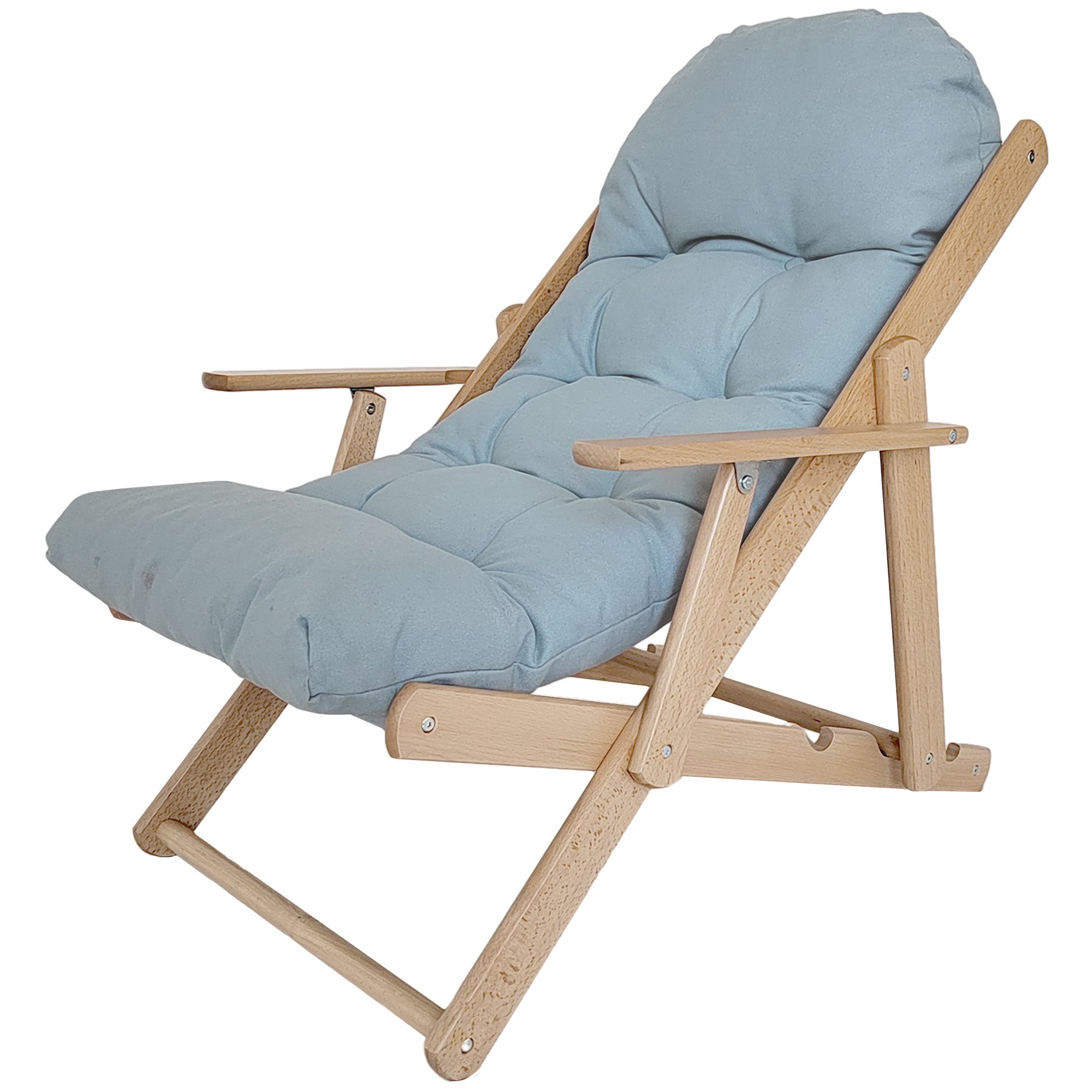 Folding and Reclining Wooden Lounge Chair with Thick Padded Tufted Cushion - 71 x 89 x 96 cm Gray