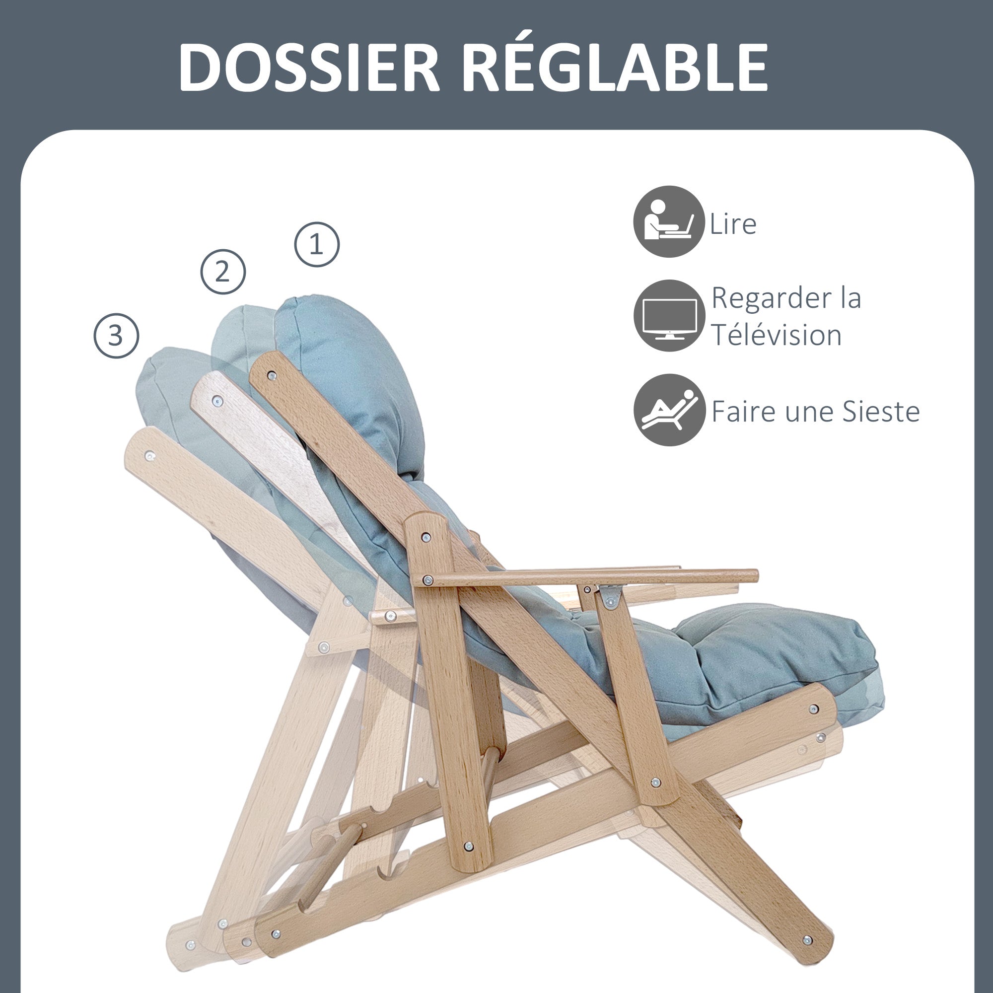 Folding and Reclining Wooden Lounge Chair with Thick Padded Tufted Cushion - 71 x 89 x 96 cm Gray