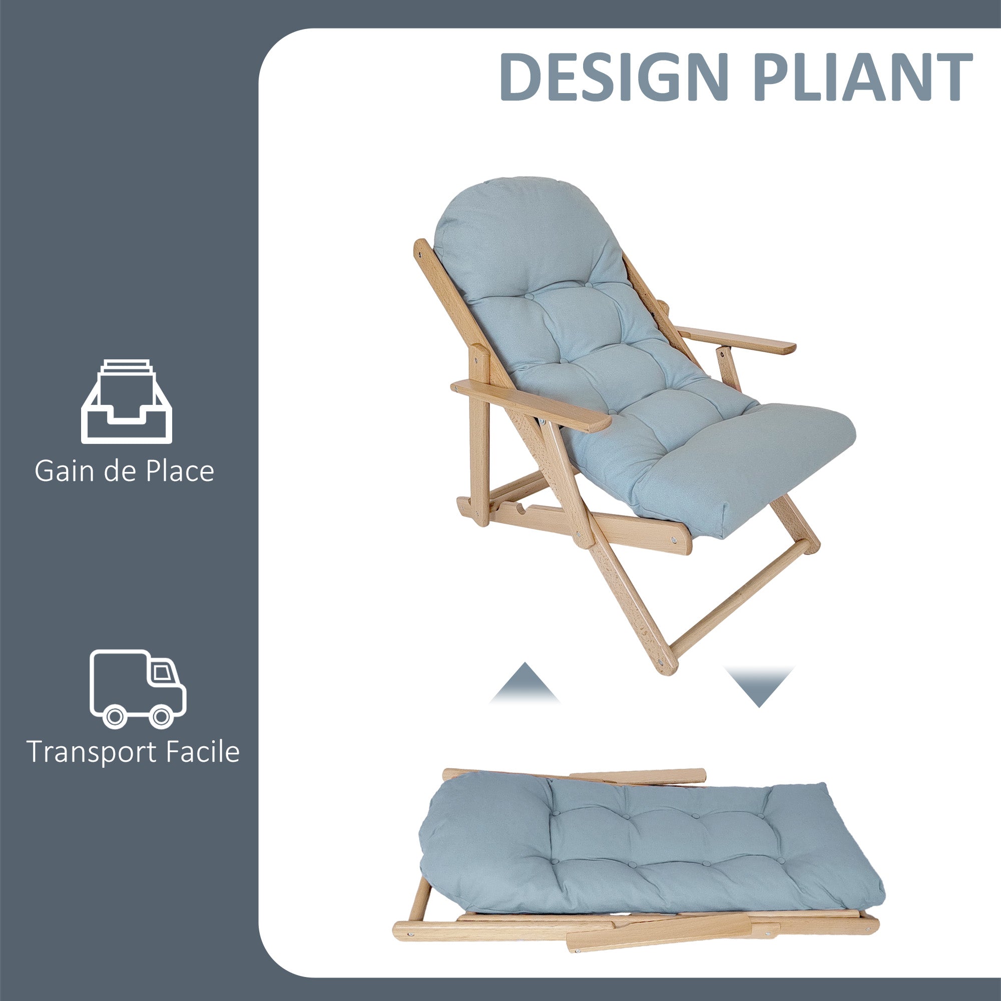 Folding and Reclining Wooden Lounge Chair with Thick Padded Tufted Cushion - 71 x 89 x 96 cm Gray