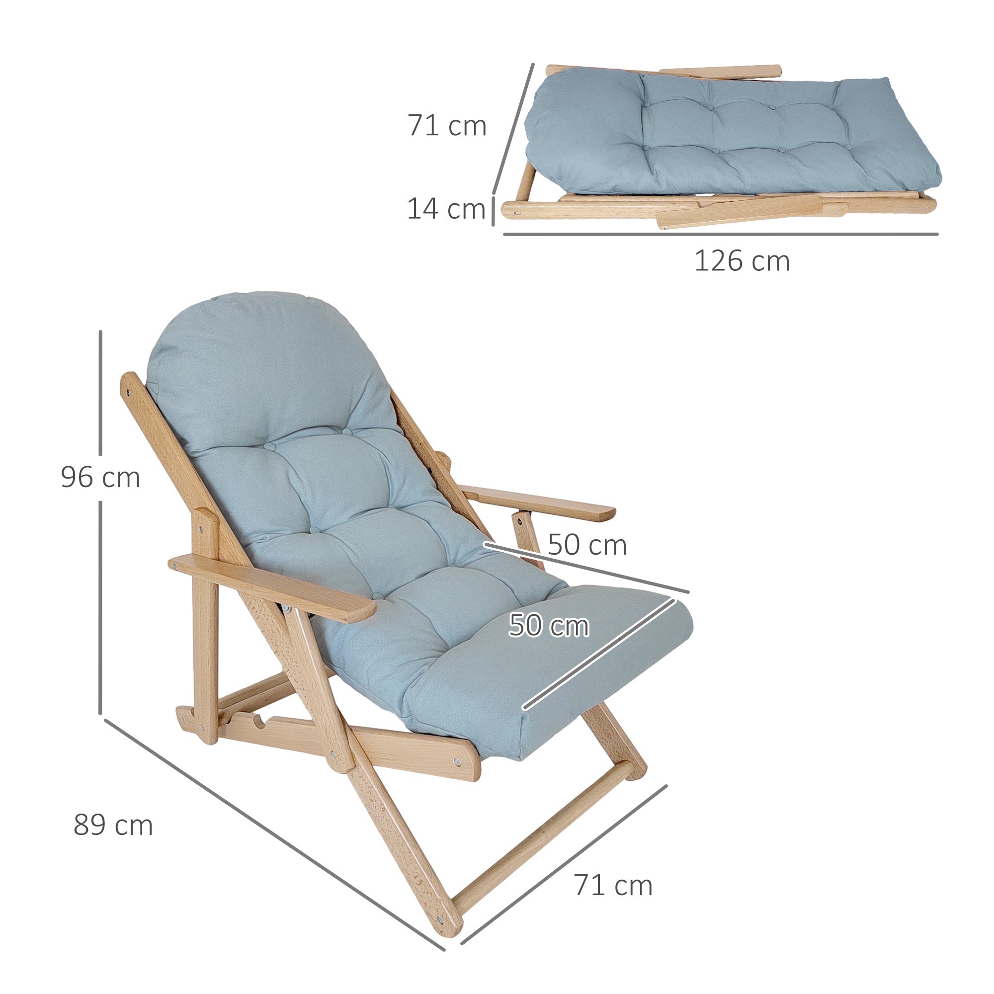 Folding and Reclining Wooden Lounge Chair with Thick Padded Tufted Cushion - 71 x 89 x 96 cm Gray