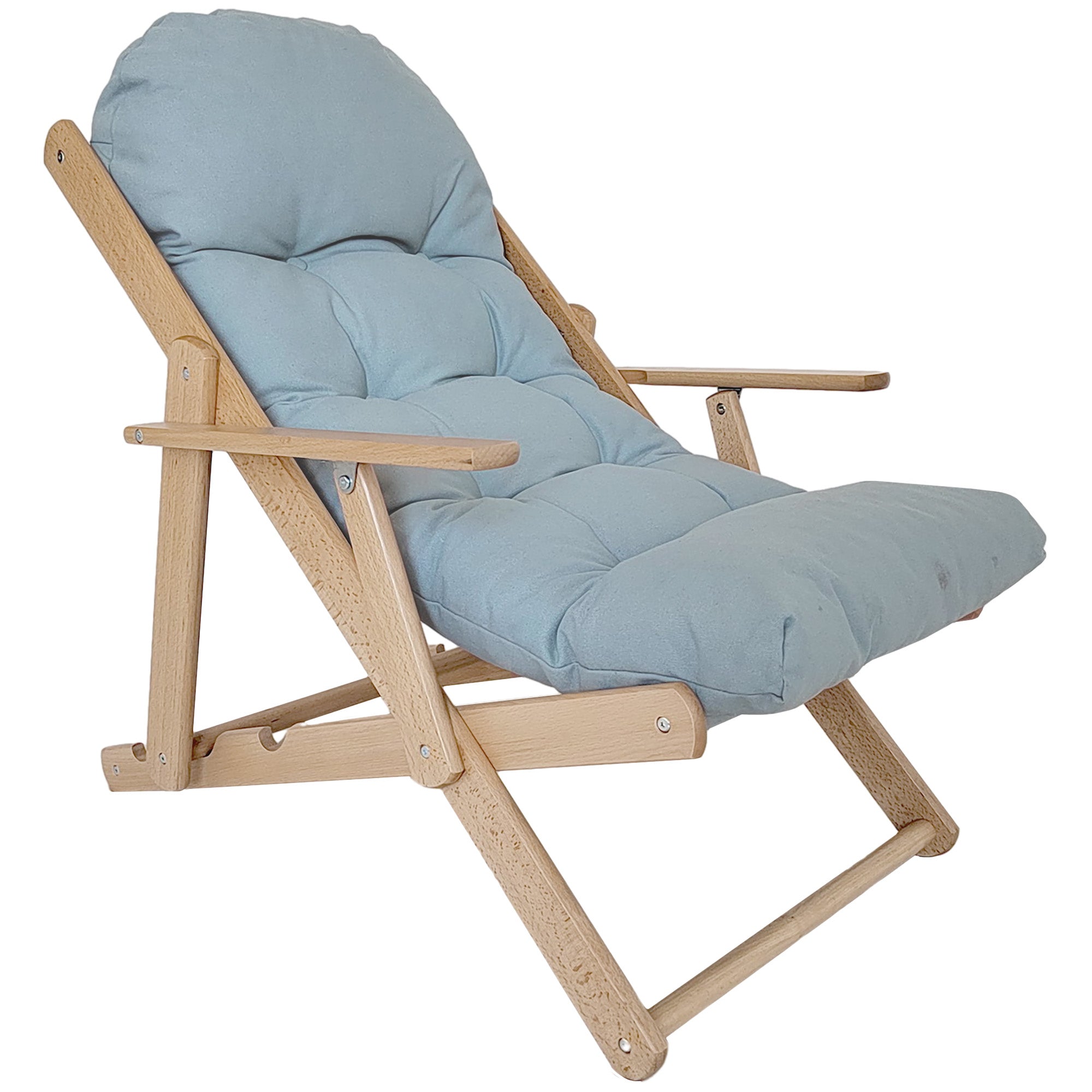 Folding and Reclining Wooden Lounge Chair with Thick Padded Tufted Cushion - 71 x 89 x 96 cm Gray