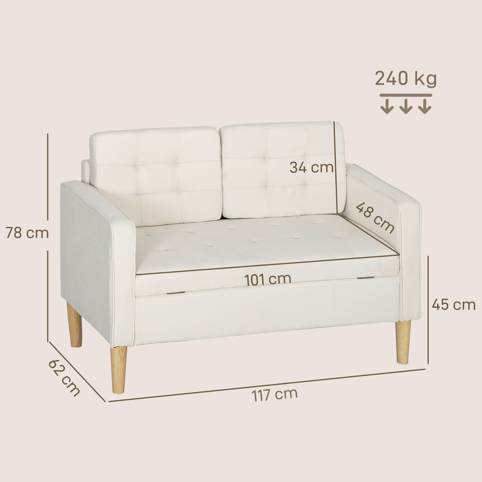 2-Seater Storage Sofa, Velvet-Effect Upholstery with Rubberwood Legs, Button-Tufted Back — 46.1 x 24.4 x 30.7 in, Cream
