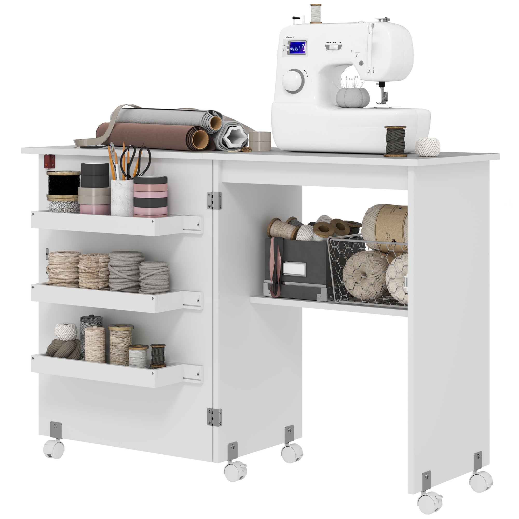 Folding Sewing Table Sewing Cabinet with Storage Bins, Open Shelf, and Wheels, Sewing Machine Furniture for Living Room, Office, Studio, dim. 117 x 40 x 77.5 cm, White