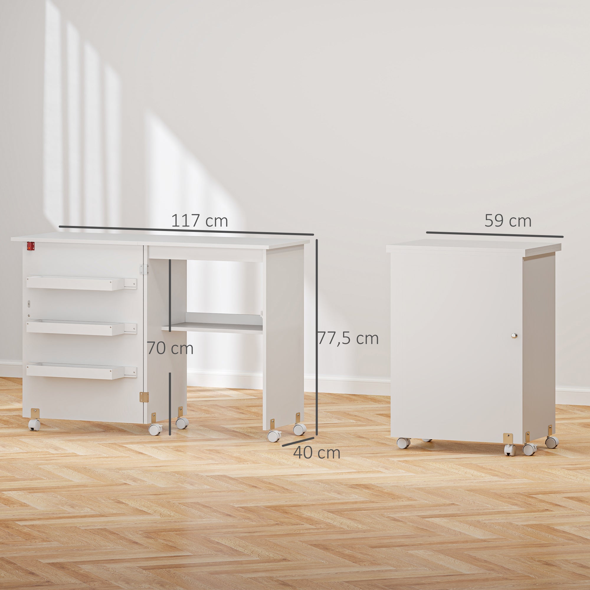 Folding Sewing Table Sewing Cabinet with Storage Bins, Open Shelf, and Wheels, Sewing Machine Furniture for Living Room, Office, Studio, dim. 117 x 40 x 77.5 cm, White