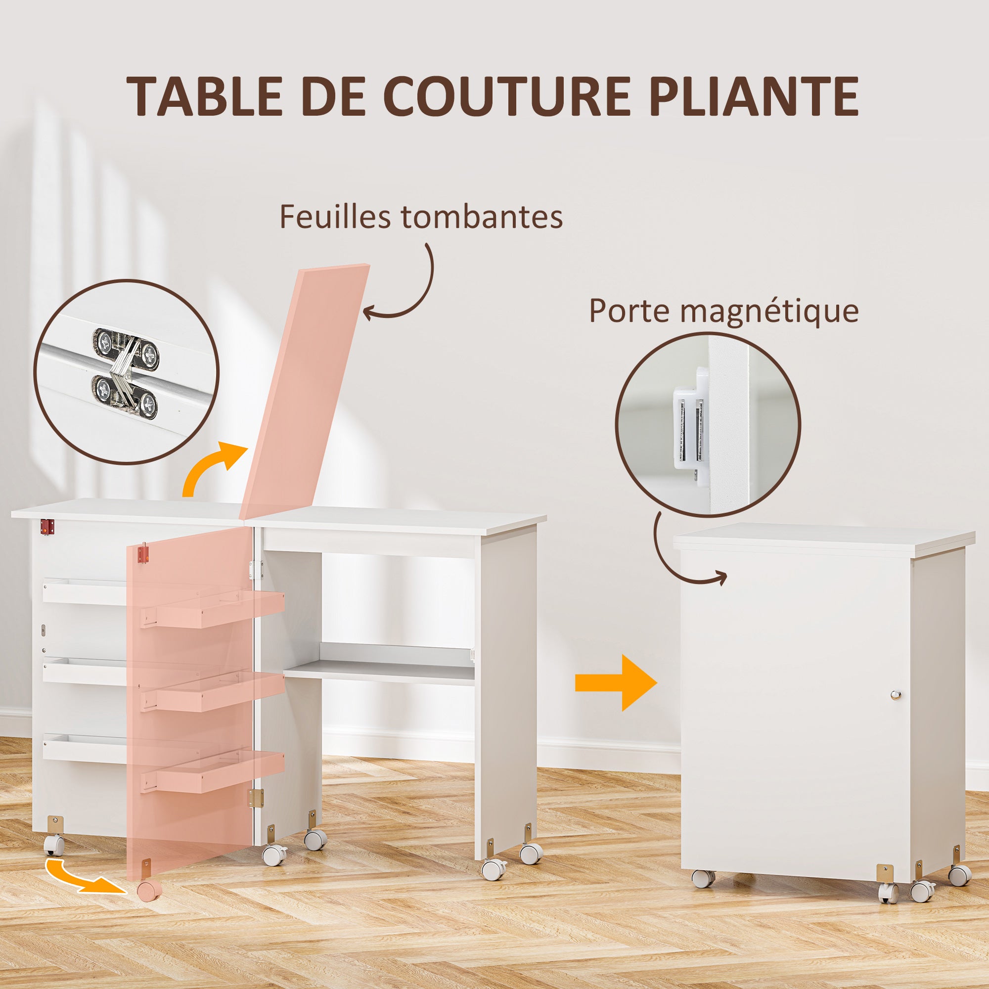 Folding Sewing Table Sewing Cabinet with Storage Bins, Open Shelf, and Wheels, Sewing Machine Furniture for Living Room, Office, Studio, dim. 117 x 40 x 77.5 cm, White