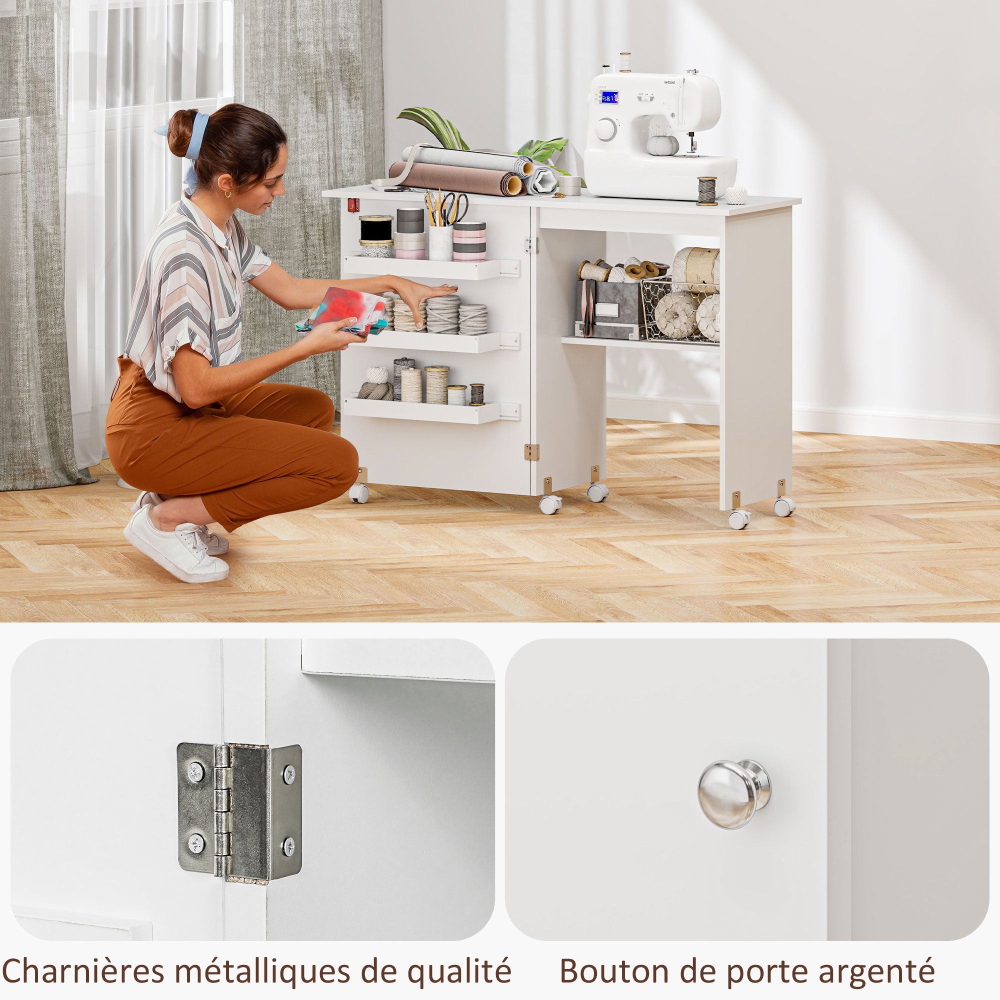 Folding Sewing Table Sewing Cabinet with Storage Bins, Open Shelf, and Wheels, Sewing Machine Furniture for Living Room, Office, Studio, dim. 117 x 40 x 77.5 cm, White