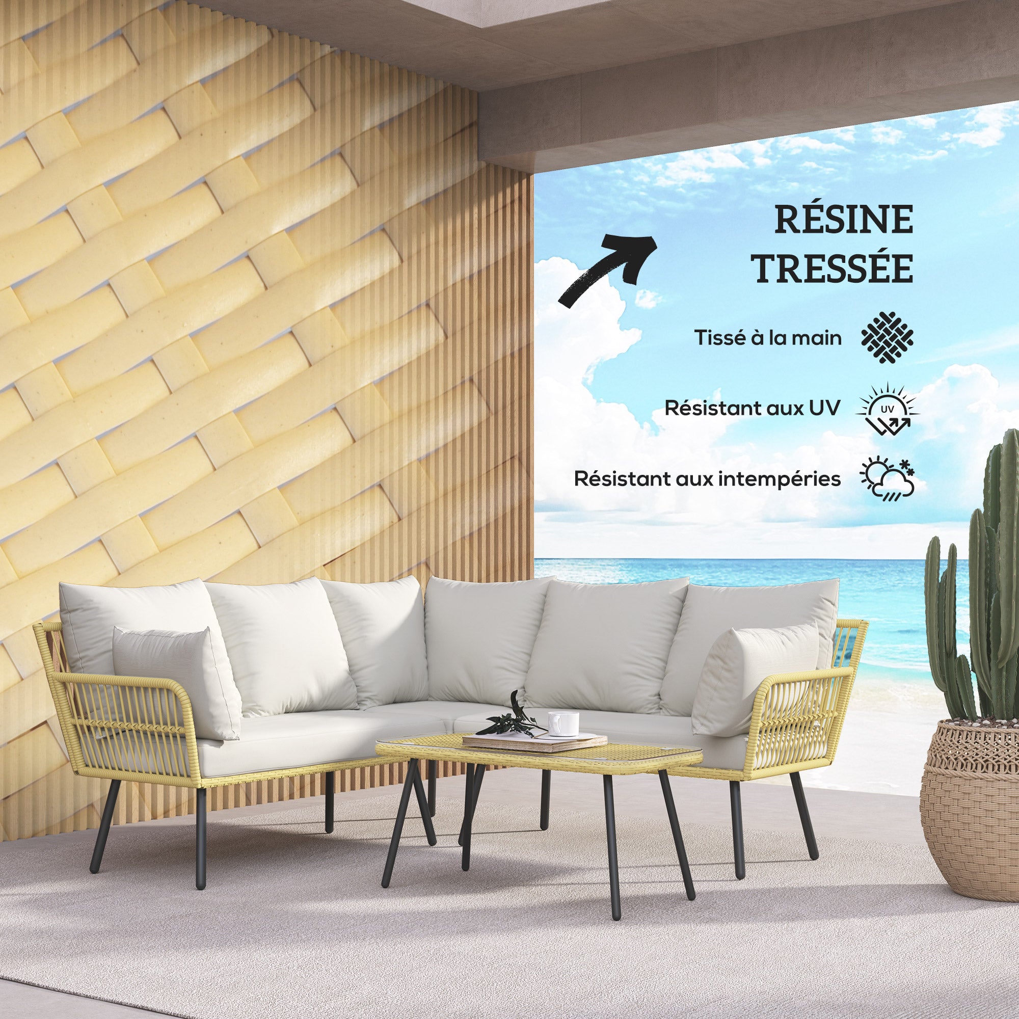 Corner Garden Set 5 Seater Rattan Effect Wicker with Cushions and Rectangular Coffee Table - Bohemian Design