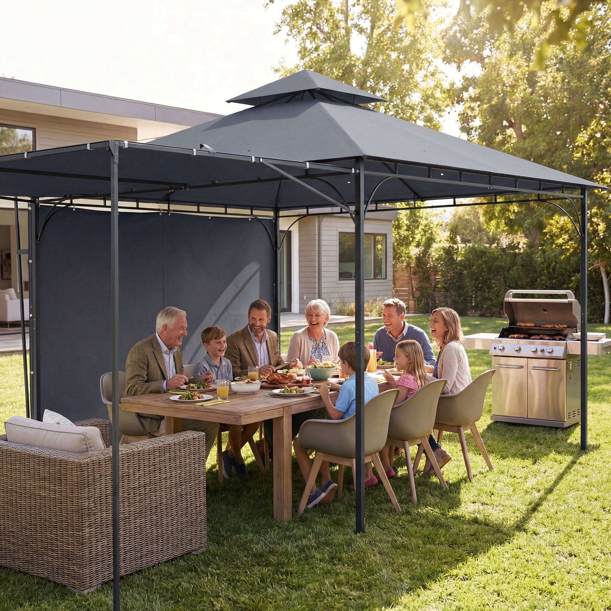 3.2 x 3.2 m (10.5 x 10.5 ft) Metal Garden Gazebo — Retractable Canopy, Double Roof, UPF 30+, Dark Gray