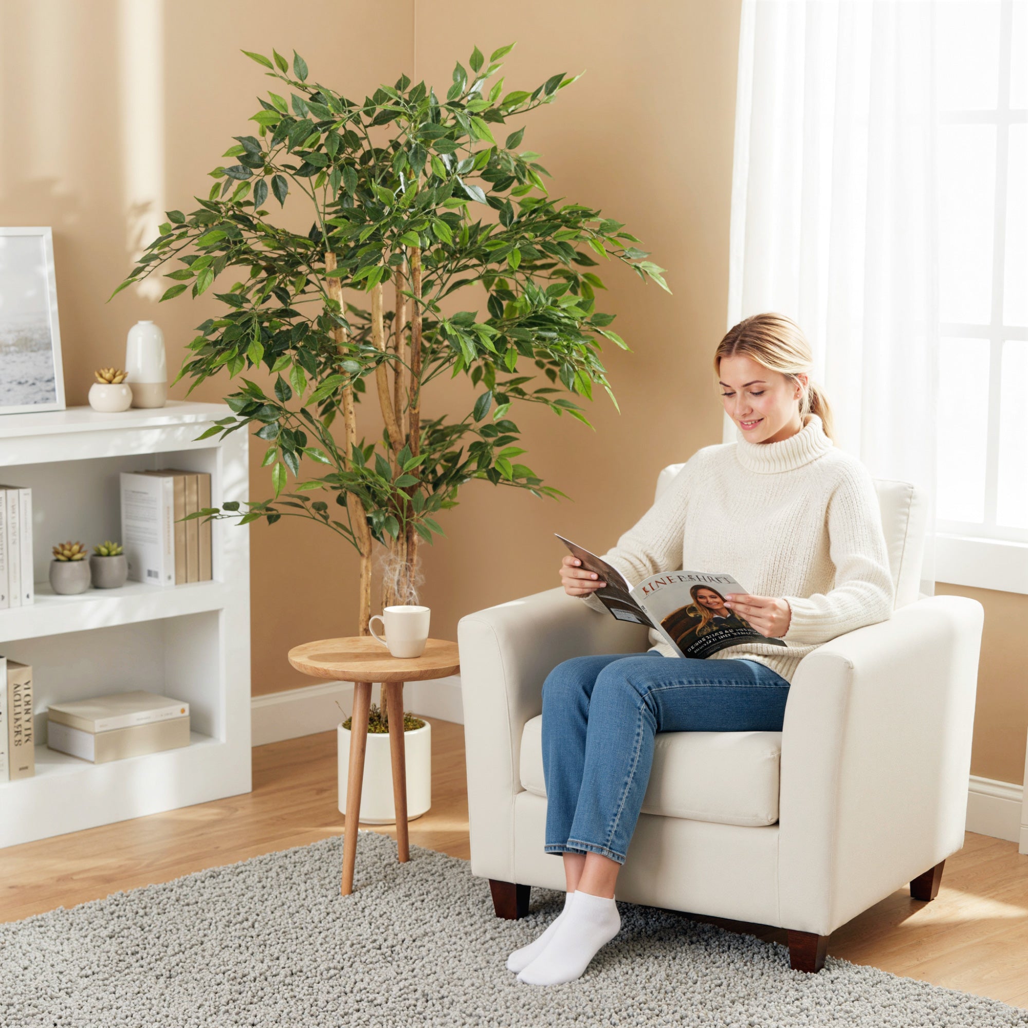 150 cm Artificial Banyan Tree for Indoor Use, Faux Greenery in Plastic Planter with Solid Wood Trunk — Home, Office, Living Room, Bedroom Decor