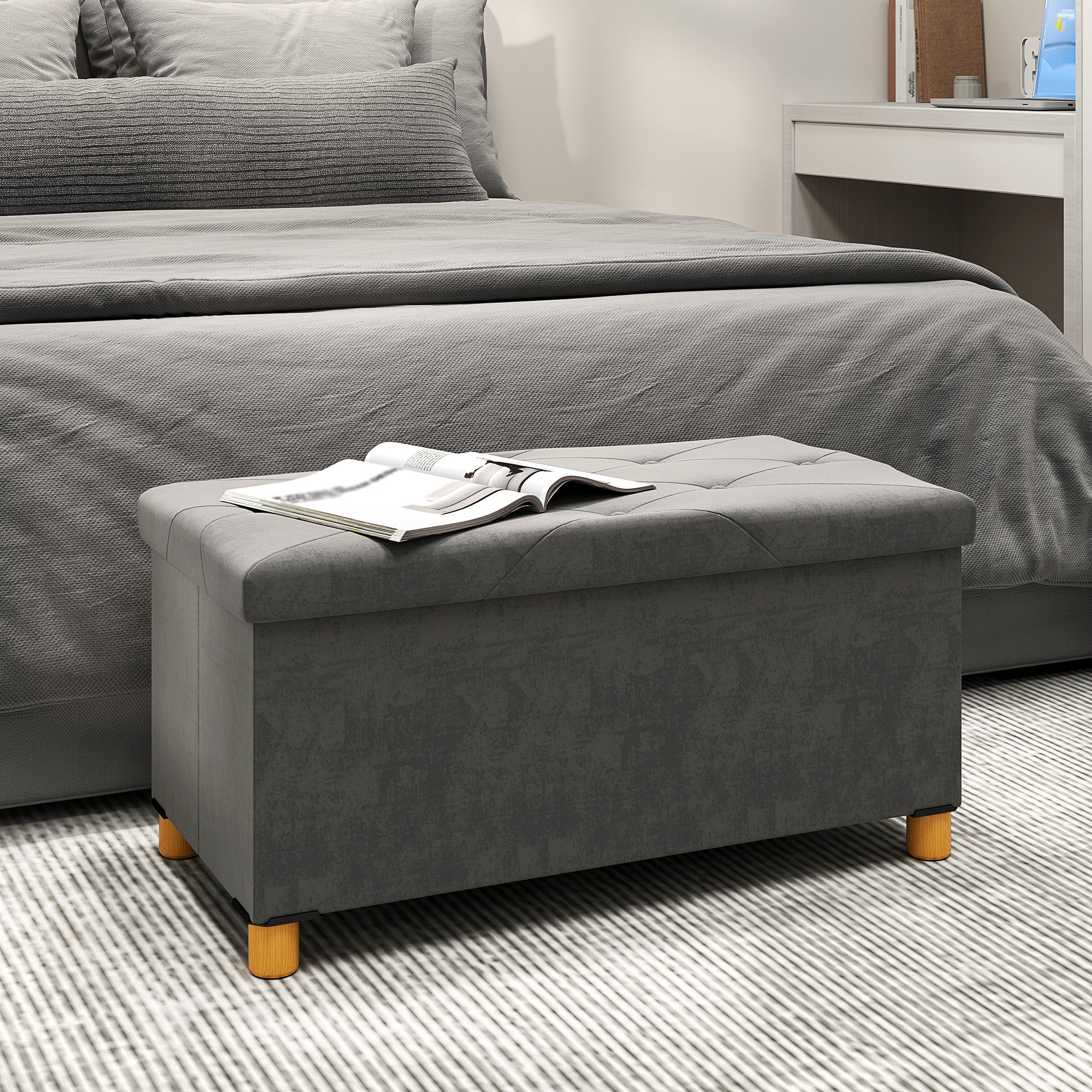 Folding Storage Bench Upholstered Bench with Velvet Look, Storage Bench with Legs, Trunk Bench for Living Room Bedroom Hallway 76 x 38 x 38 cm, Gray