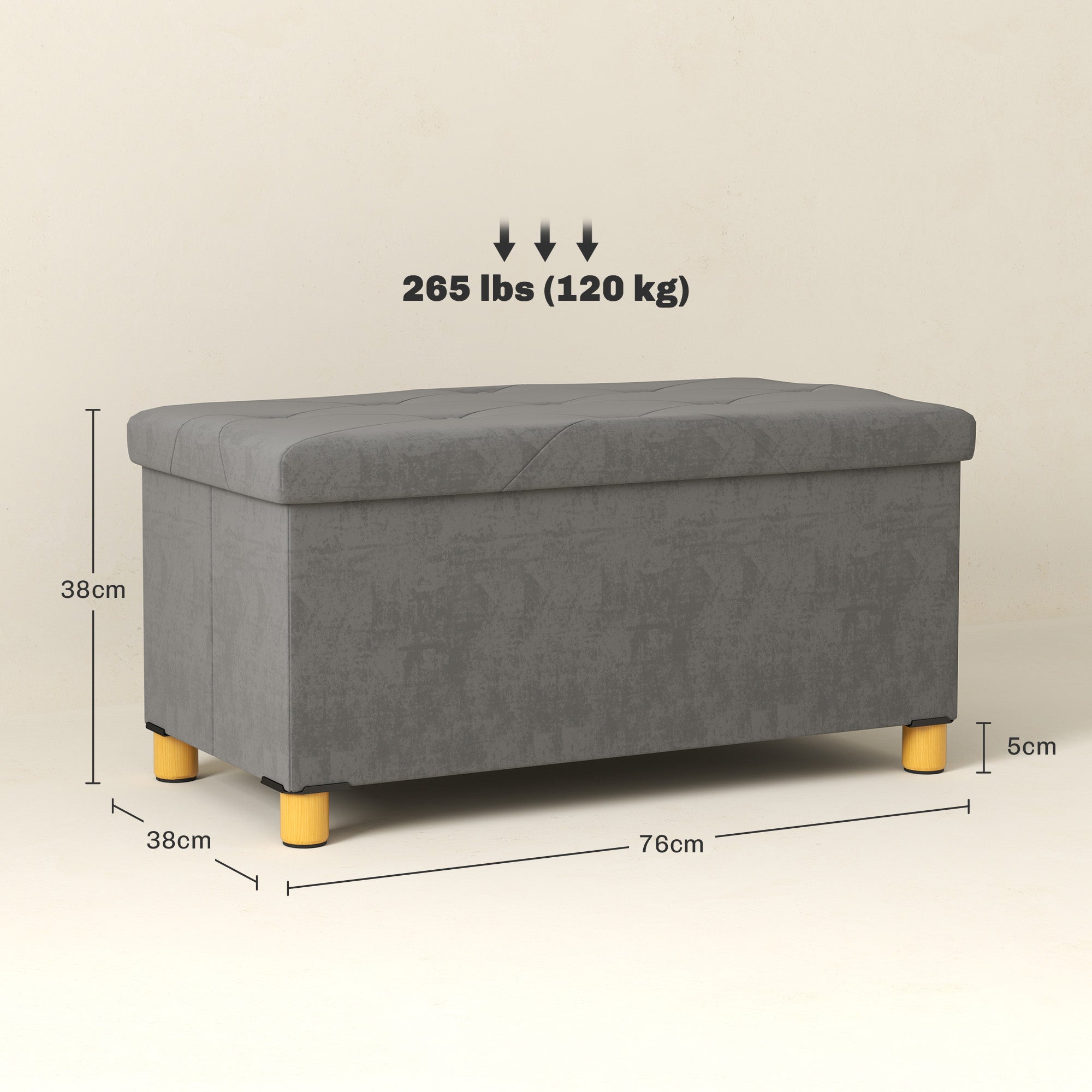 Folding Storage Bench Upholstered Bench with Velvet Look, Storage Bench with Legs, Trunk Bench for Living Room Bedroom Hallway 76 x 38 x 38 cm, Gray