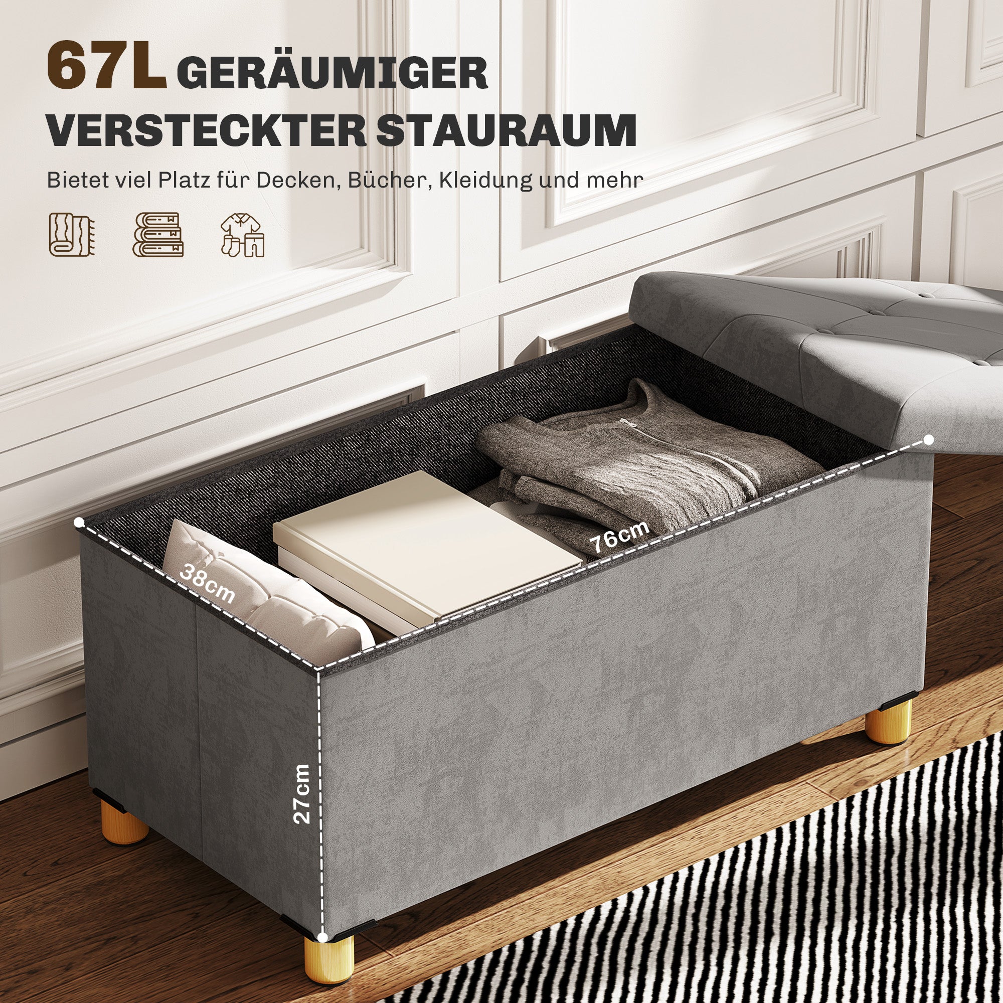 Folding Storage Bench Upholstered Bench with Velvet Look, Storage Bench with Legs, Trunk Bench for Living Room Bedroom Hallway 76 x 38 x 38 cm, Gray