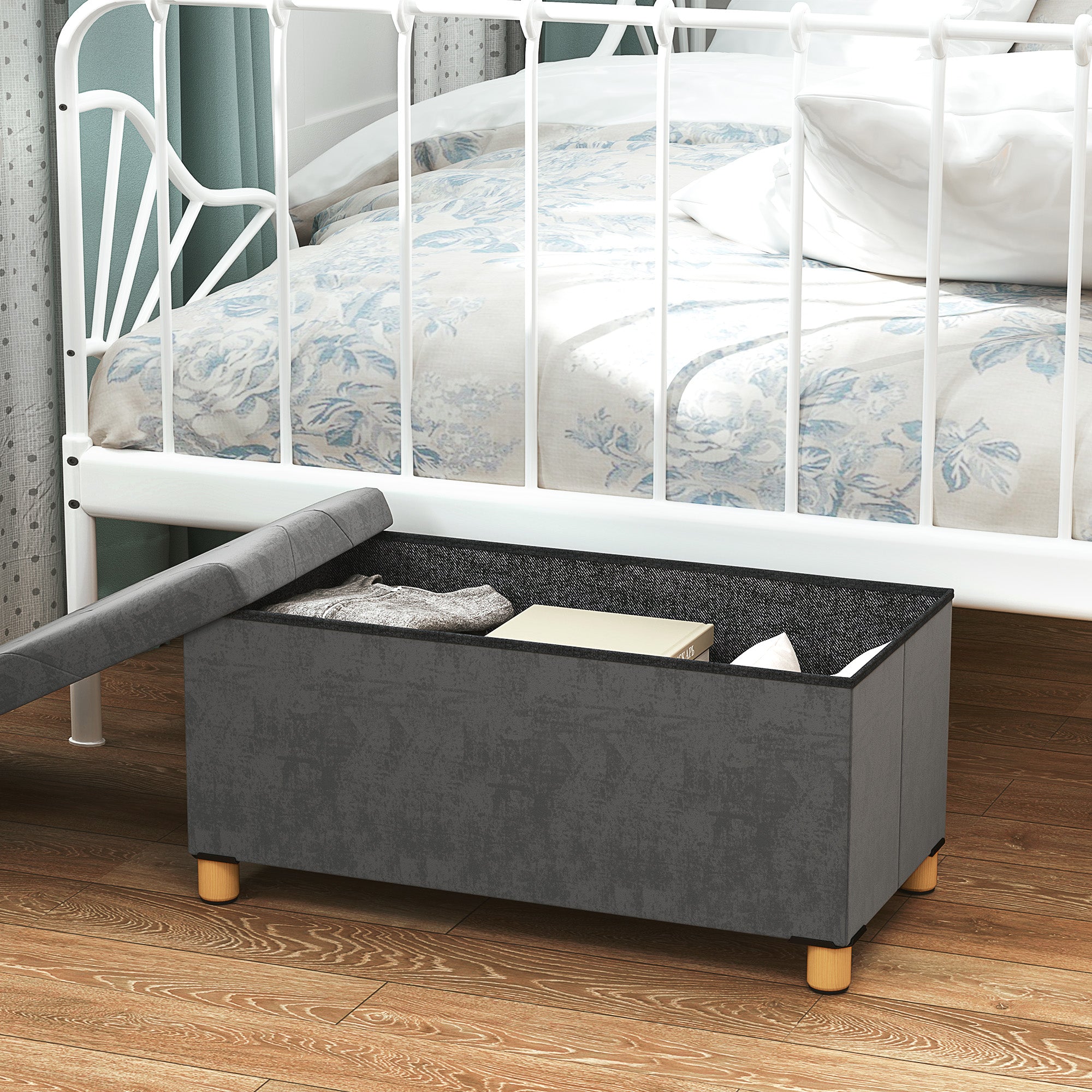 Folding Storage Bench Upholstered Bench with Velvet Look, Storage Bench with Legs, Trunk Bench for Living Room Bedroom Hallway 76 x 38 x 38 cm, Gray