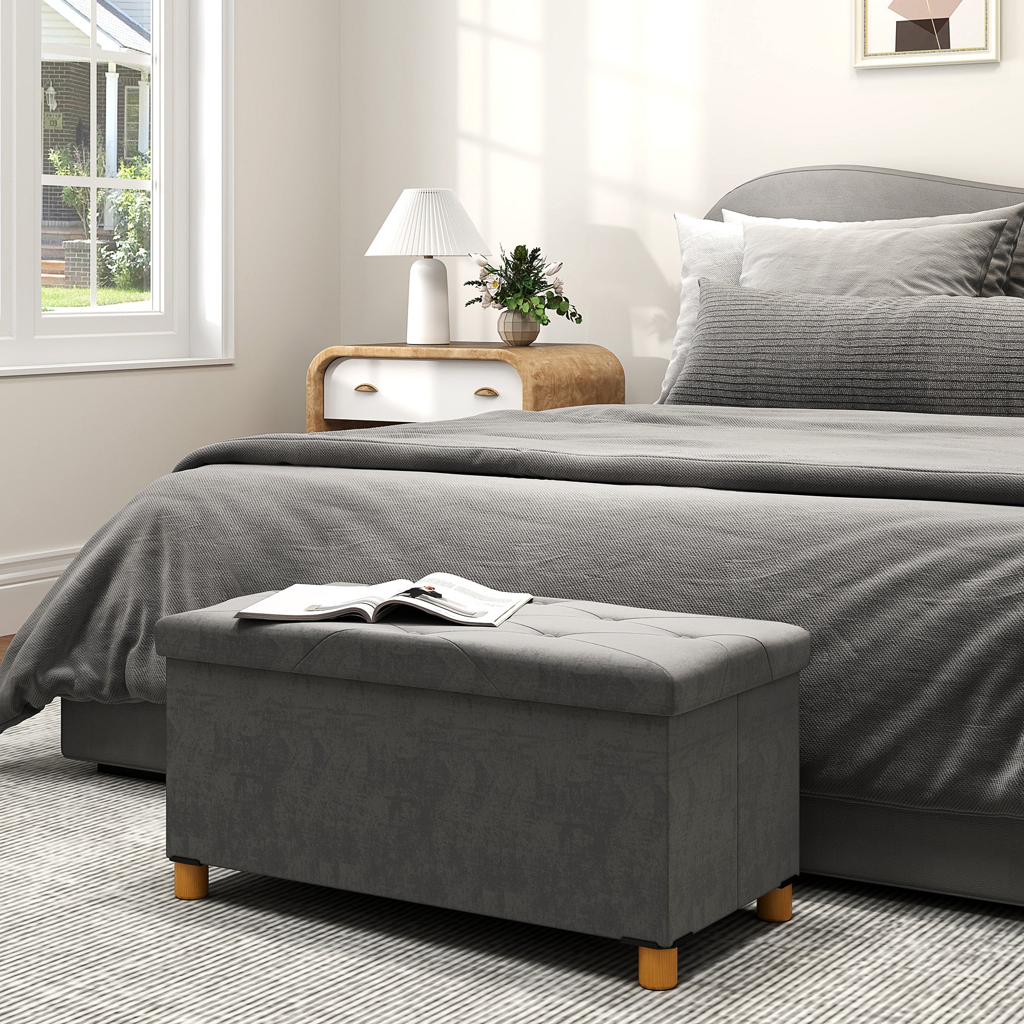 Folding Storage Bench Upholstered Bench with Velvet Look, Storage Bench with Legs, Trunk Bench for Living Room Bedroom Hallway 76 x 38 x 38 cm, Gray