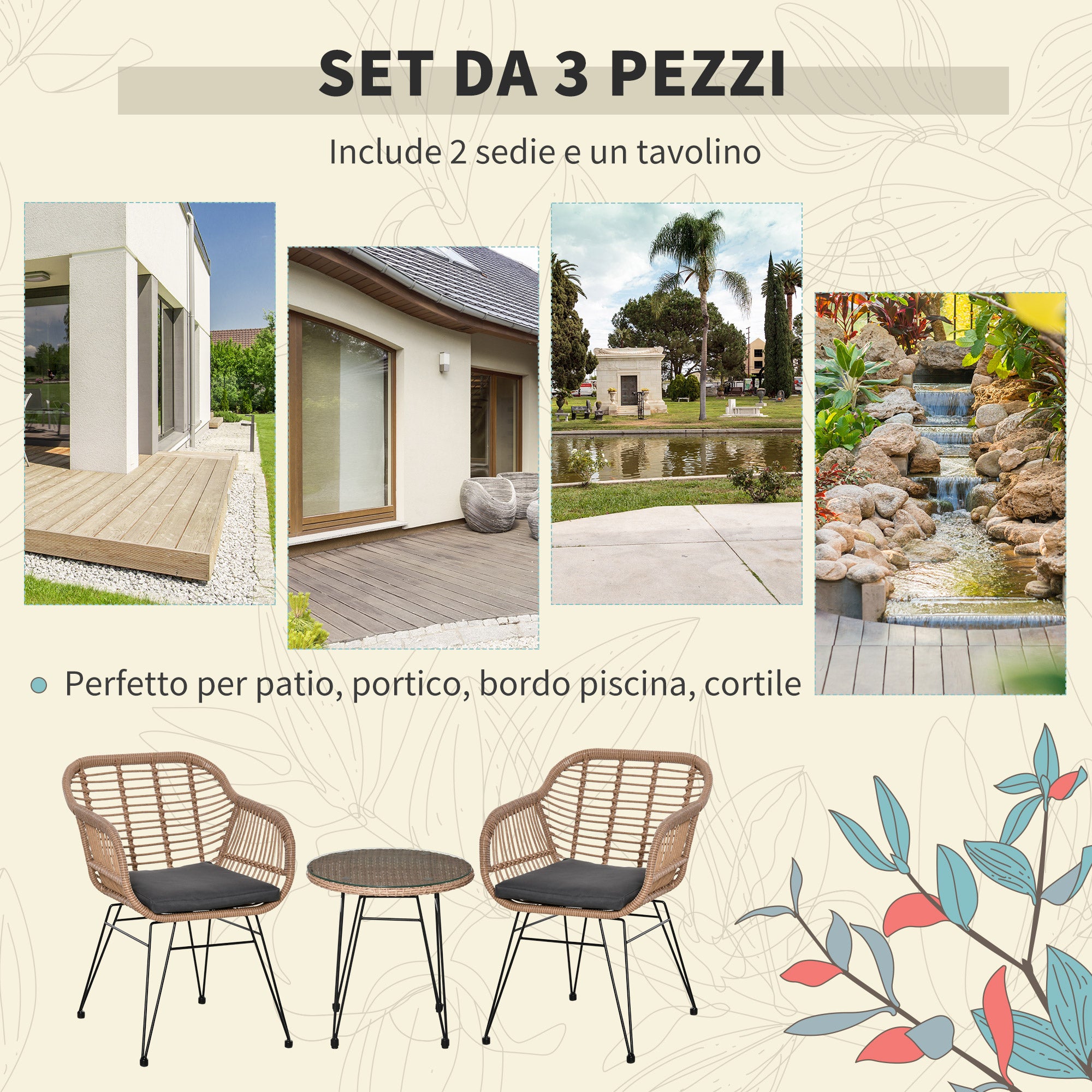 3-Piece PE Rattan Garden Furniture Set, Boho Style Outdoor Lounge with 2 Chairs with Cushions and Glass Shelf Coffee Table, Gray