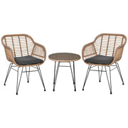 3-Piece PE Rattan Garden Furniture Set, Boho Style Outdoor Lounge with 2 Chairs with Cushions and Glass Shelf Coffee Table, Gray