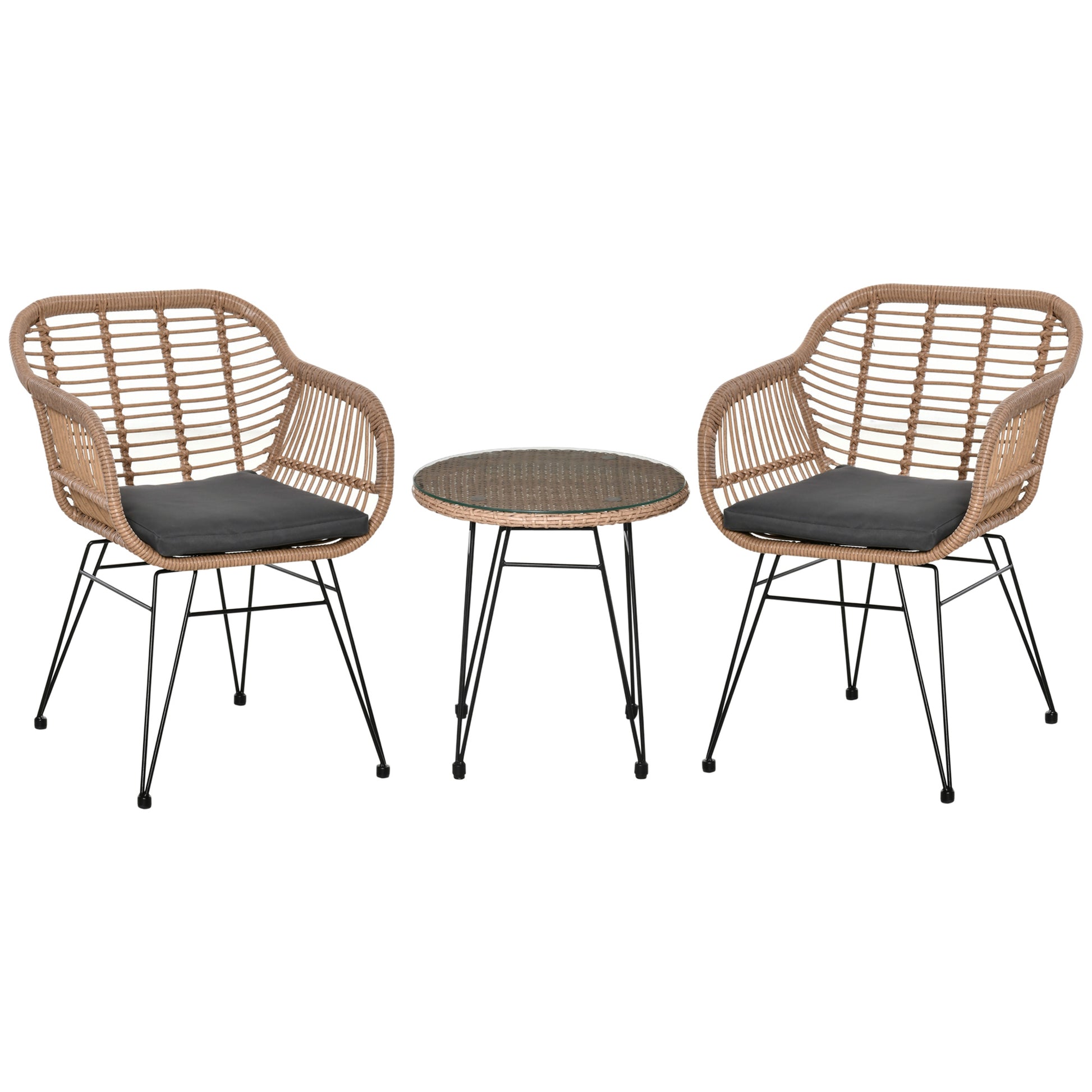 3-Piece PE Rattan Garden Furniture Set, Boho Style Outdoor Lounge with 2 Chairs with Cushions and Glass Shelf Coffee Table, Gray