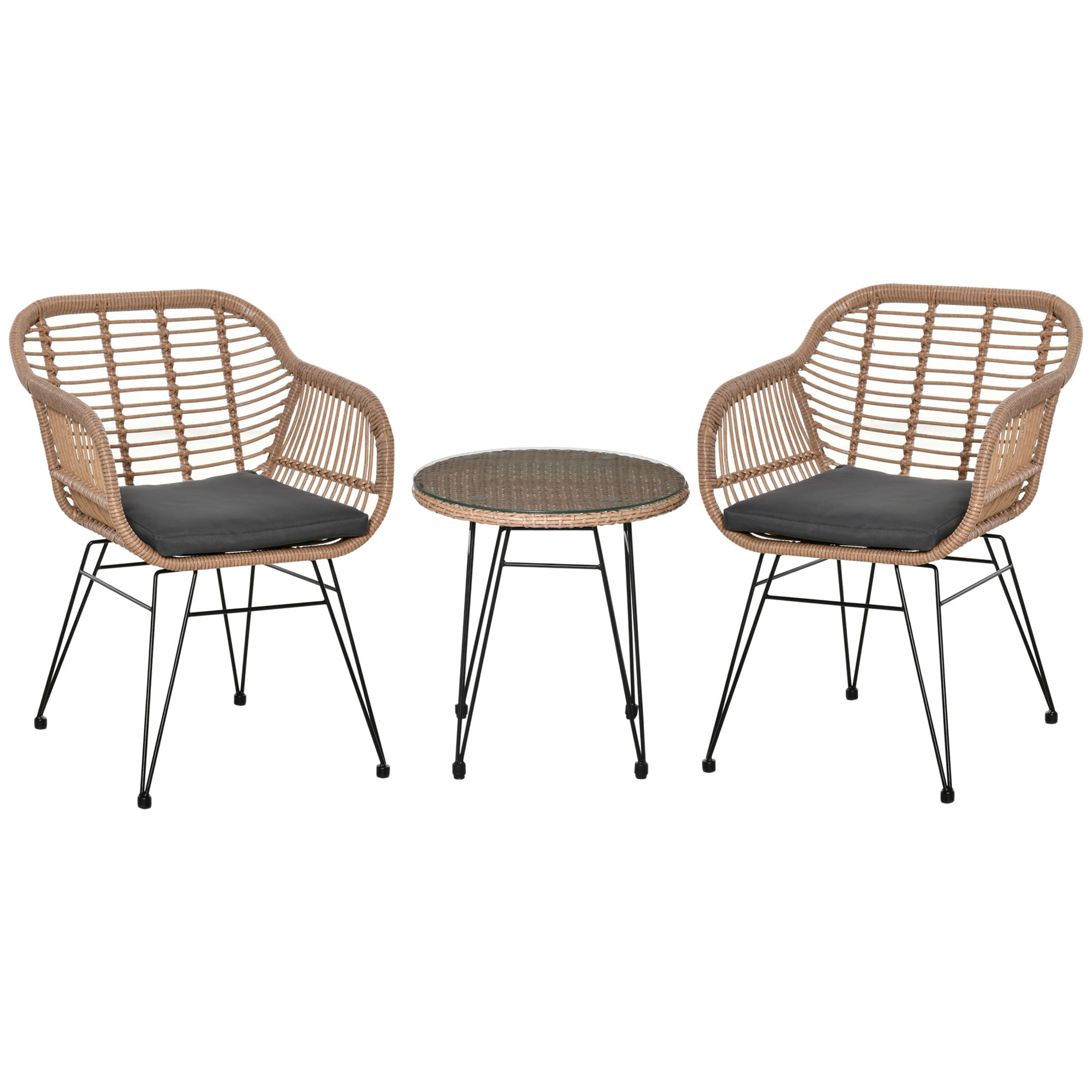 3-Piece PE Rattan Garden Furniture Set, Boho Style Outdoor Lounge with 2 Chairs with Cushions and Glass Shelf Coffee Table, Gray