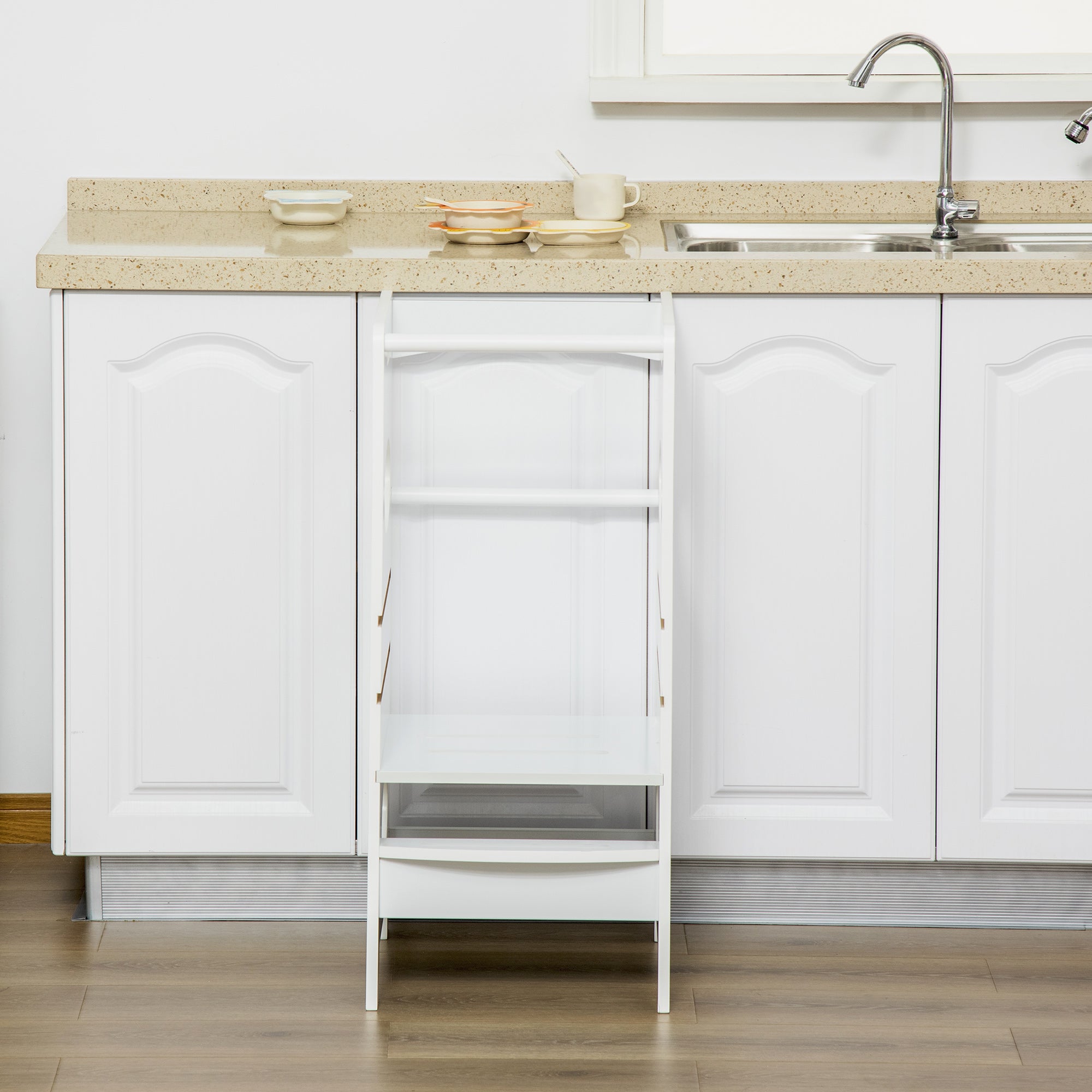 Wooden Learning Tower for Kids Children's Kitchen Stool with Adjustable Height in 3 Positions and Safety Bar 40x50x90 cm White