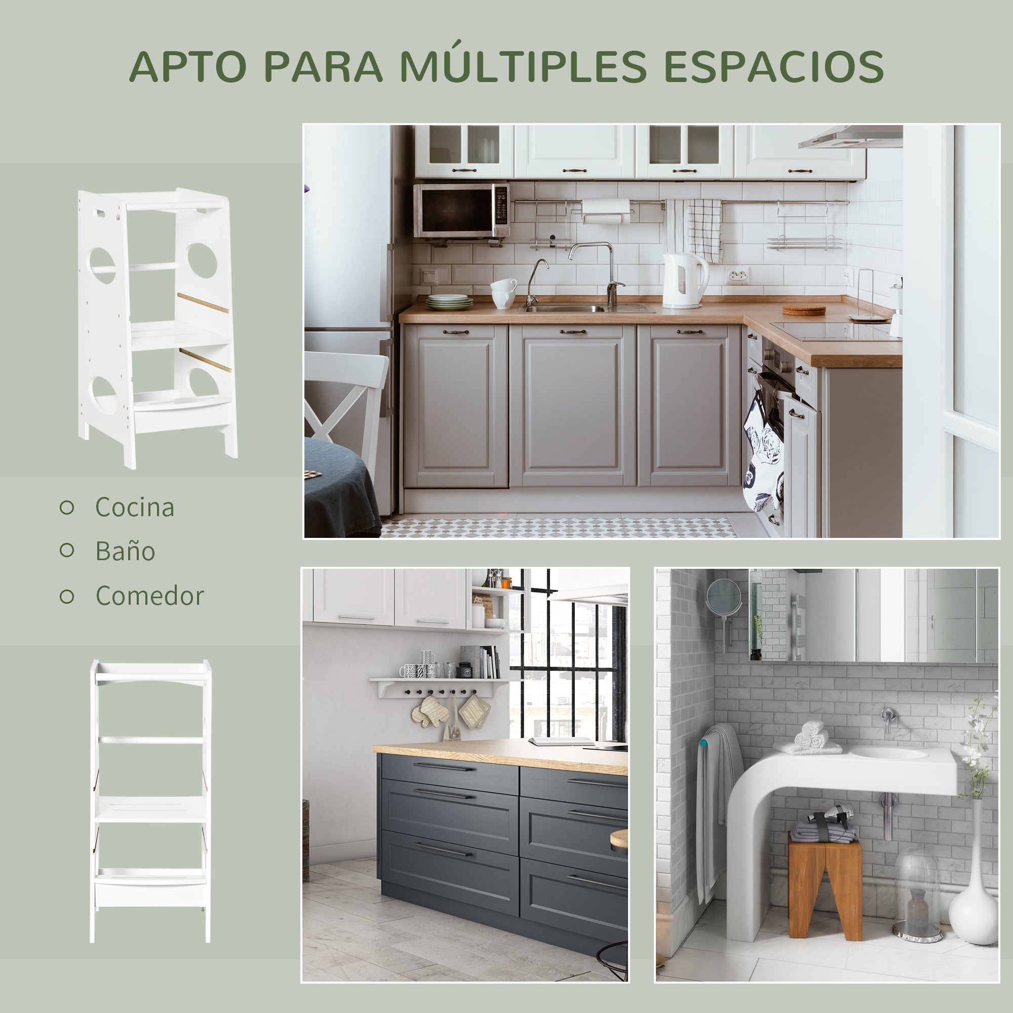 Wooden Learning Tower for Kids Children's Kitchen Stool with Adjustable Height in 3 Positions and Safety Bar 40x50x90 cm White