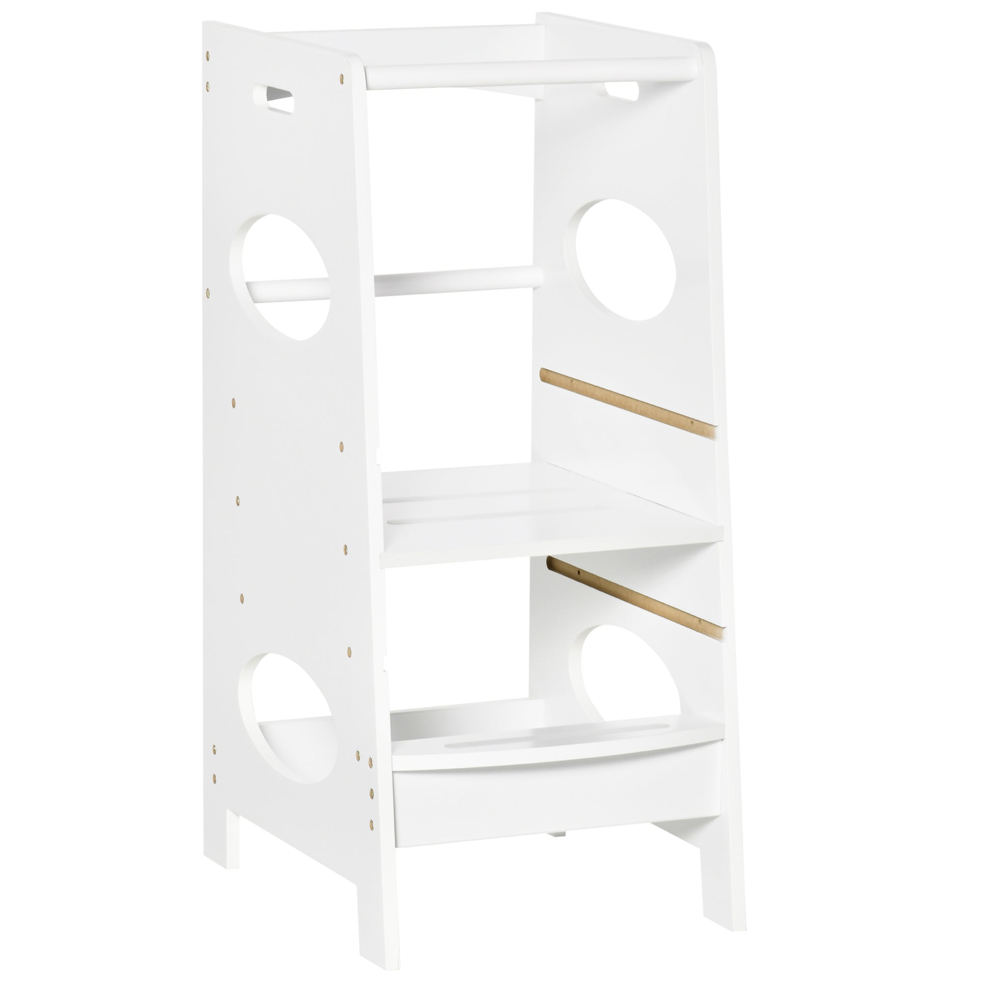 Wooden Learning Tower for Kids Children's Kitchen Stool with Adjustable Height in 3 Positions and Safety Bar 40x50x90 cm White
