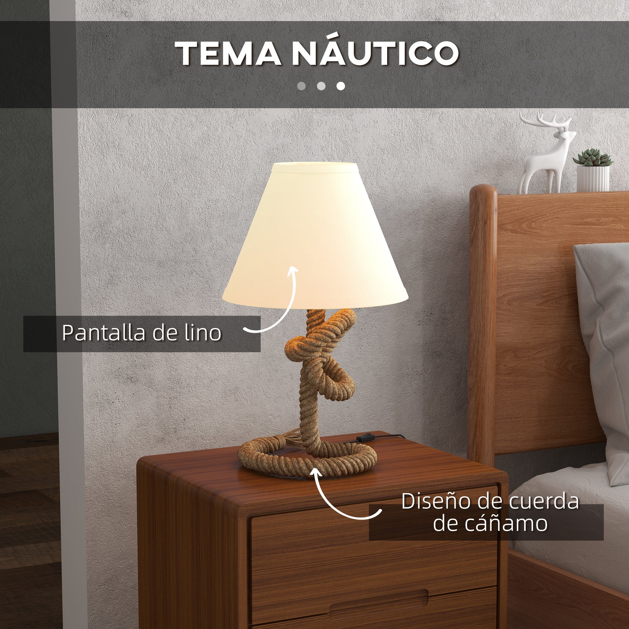 LED Table Lamp Bedside Lamp with Metal Base Linen Rope and Fabric Shade E27 Bulb Max.40W Warm White Lights for Bedroom Ø28x45.5cm Brown and Beige