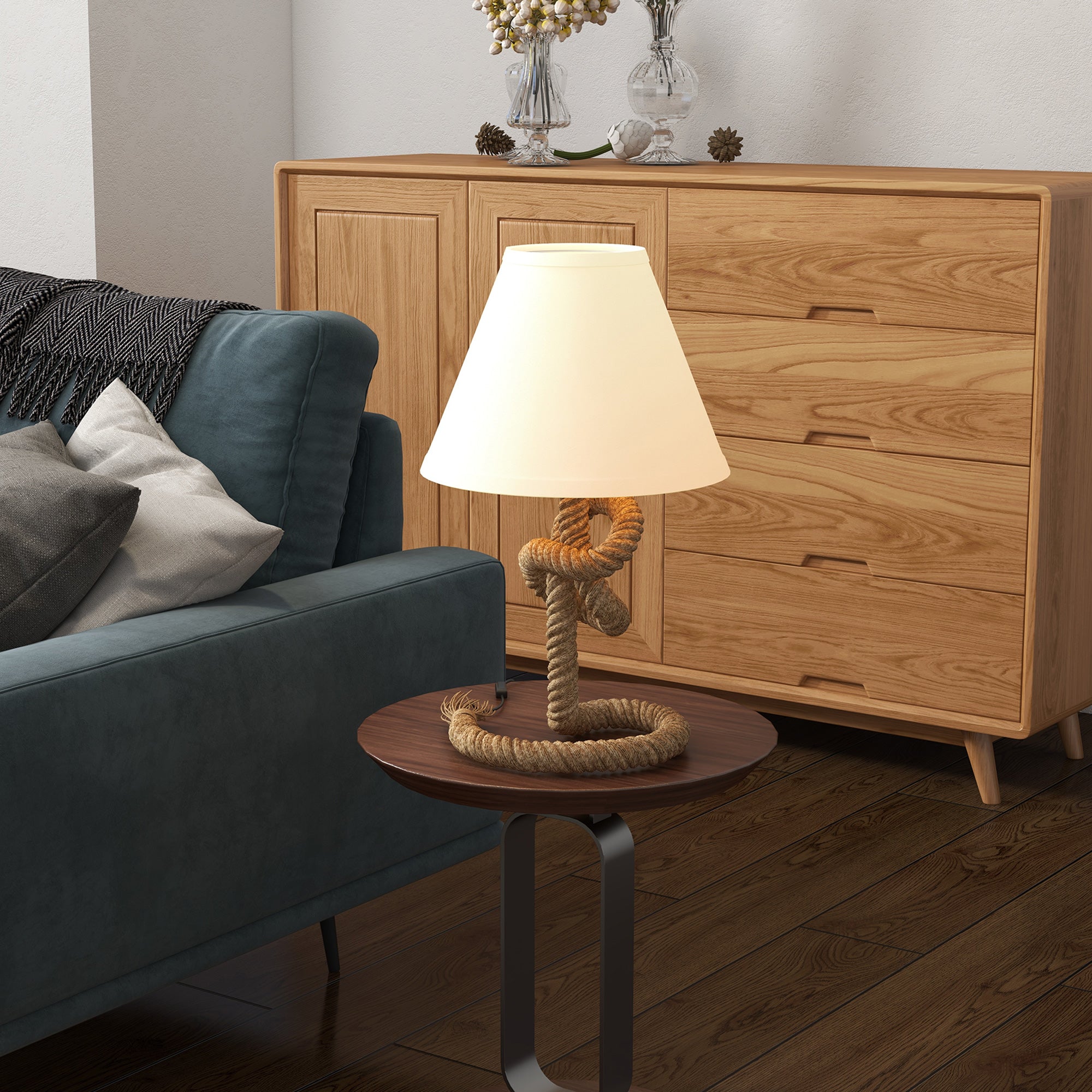 LED Table Lamp Bedside Lamp with Metal Base Linen Rope and Fabric Shade E27 Bulb Max.40W Warm White Lights for Bedroom Ø28x45.5cm Brown and Beige