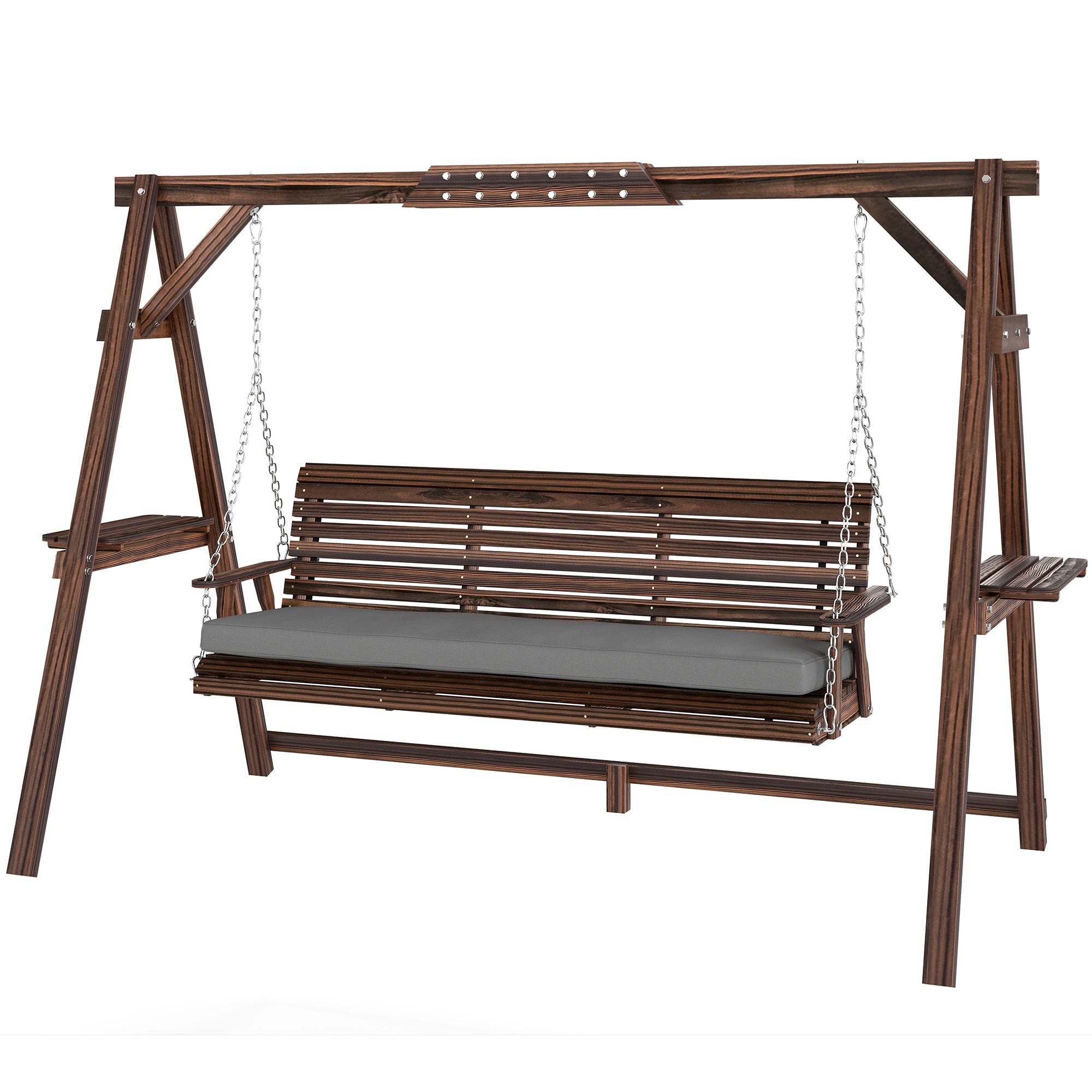 3-Seater Wooden Hollywood Swing with Cushioned Seat & Side Trays — Charred Finish, 728 lb Capacity
