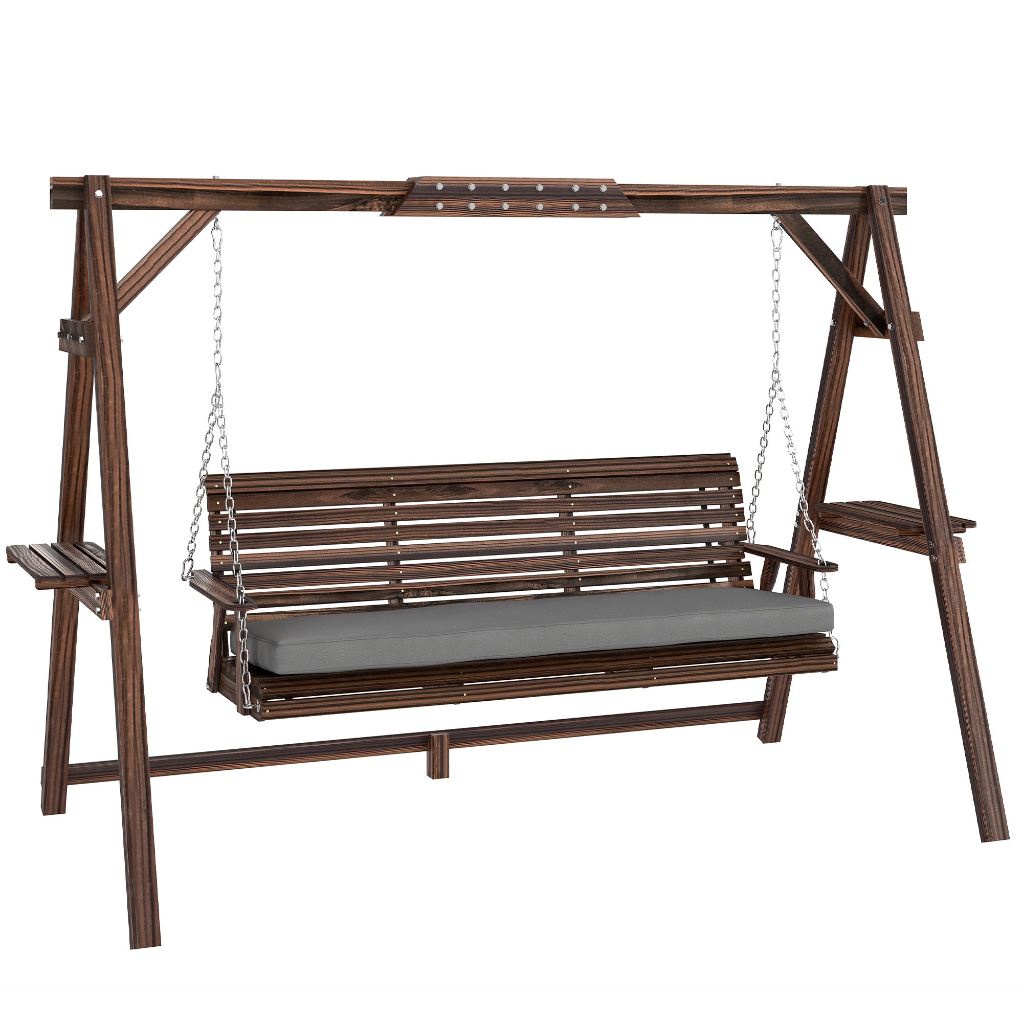 3-Seater Wooden Hollywood Swing with Cushioned Seat & Side Trays — Charred Finish, 728 lb Capacity