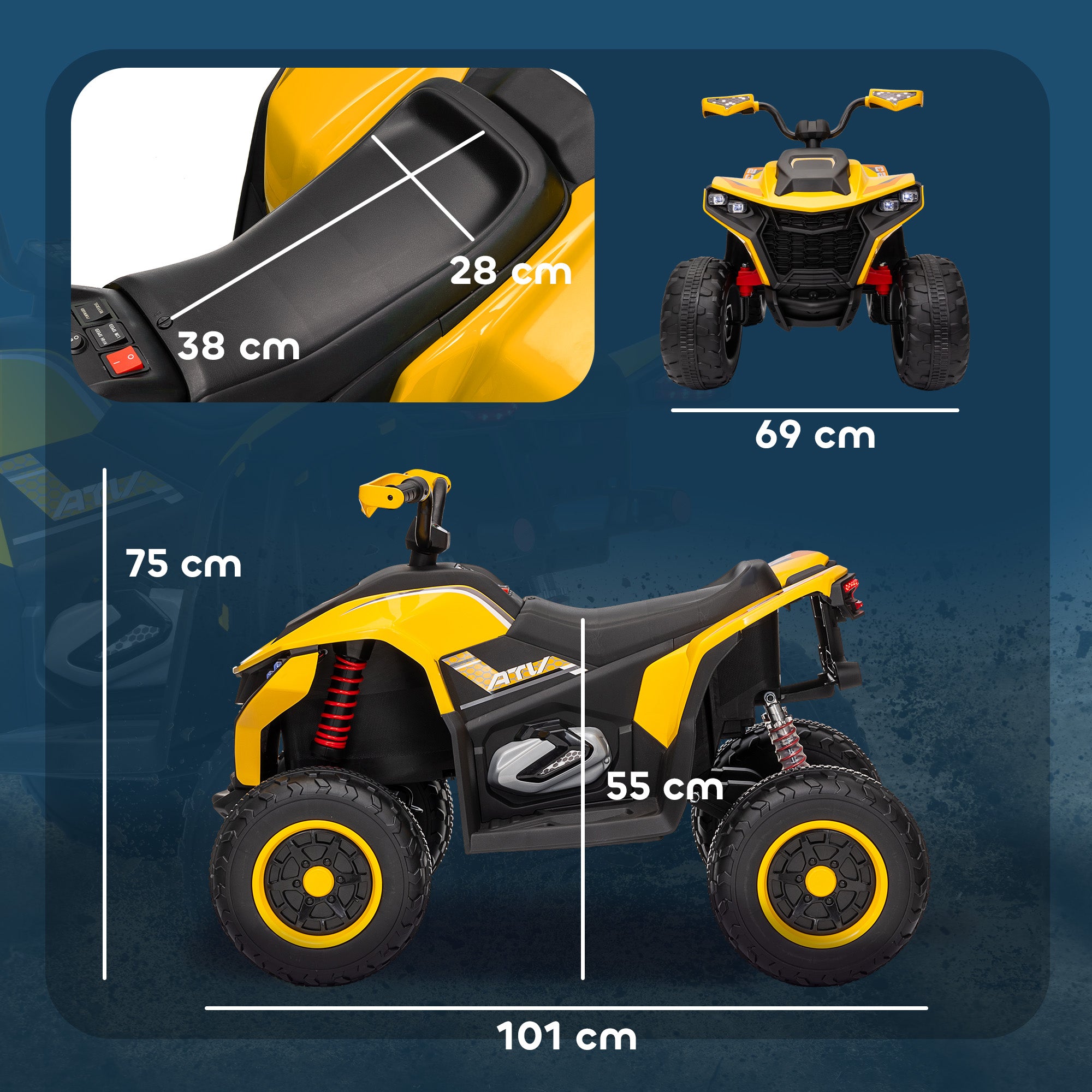 Electric Quad for Kids 12V Kids Quad with 2 Motors, 3-6km/h Ride-On Quad with Suspension, LED Lights, Children's Car with USB, Music for 3-8 Years, Yellow