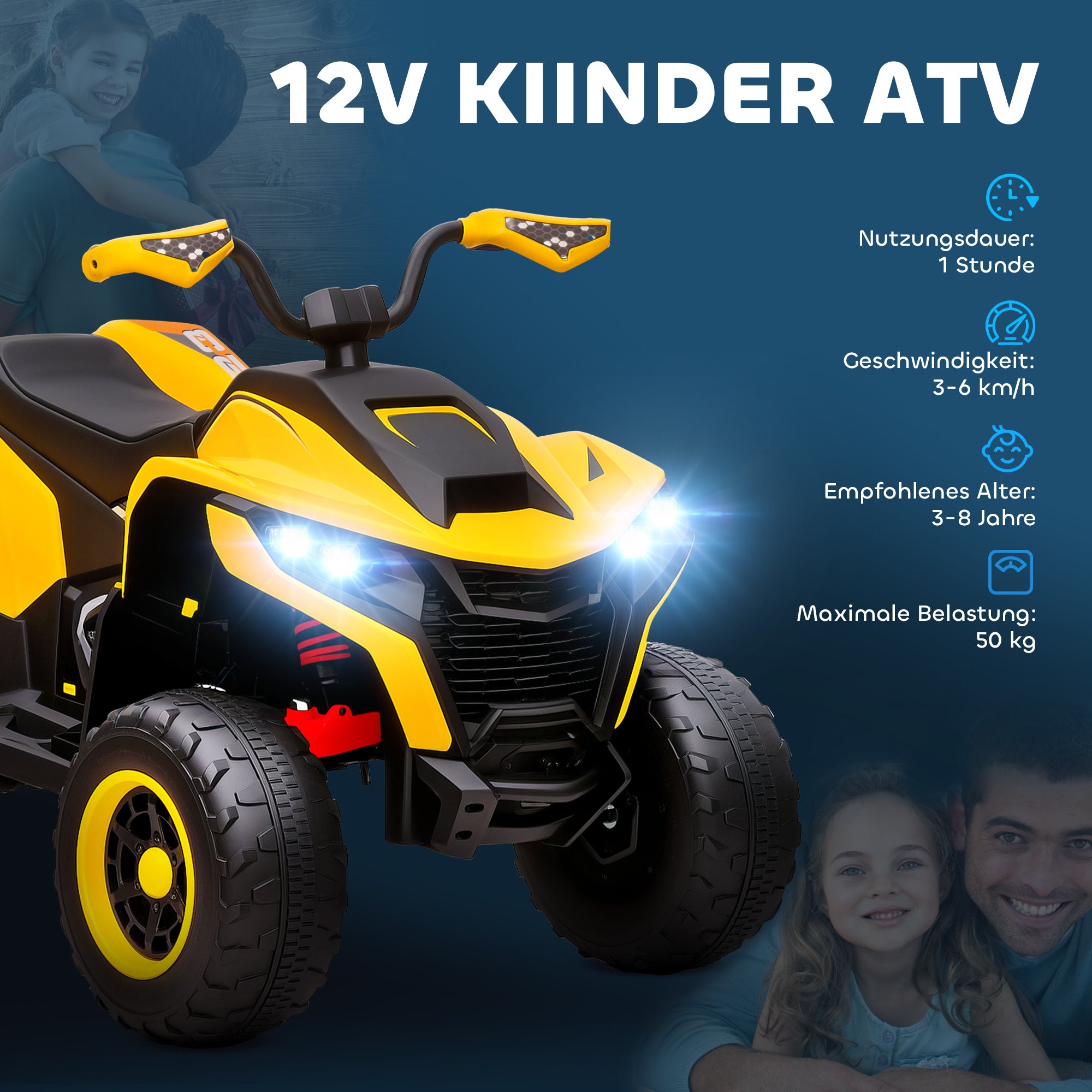Electric Quad for Kids 12V Kids Quad with 2 Motors, 3-6km/h Ride-On Quad with Suspension, LED Lights, Children's Car with USB, Music for 3-8 Years, Yellow