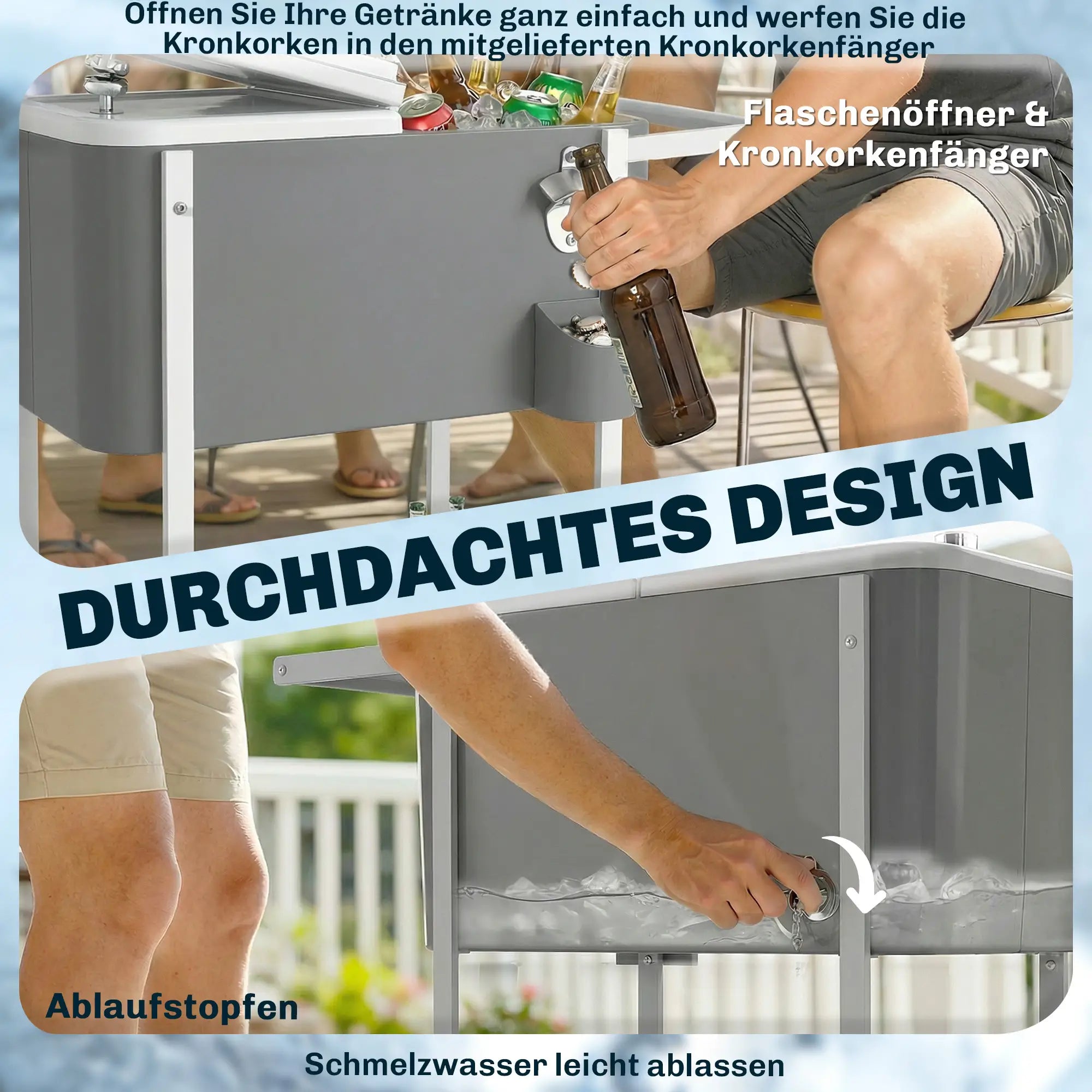 Glacière roulante Outsunny 56 L avec étagère, décapsuleur, récupérateur de capsules, bouchon de vidange et poignée — Pour terrasse, jardin et barbecues, 84 × 38 × 83 cm, gris