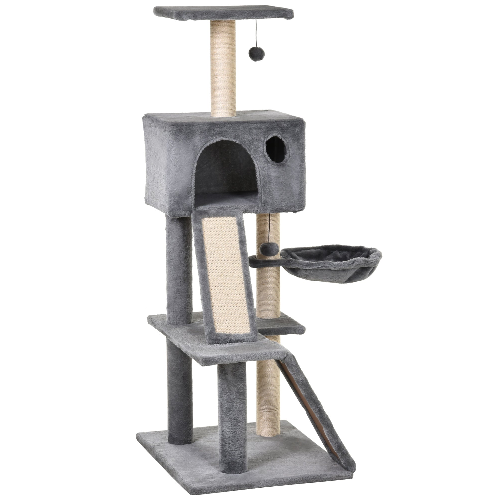 Scratching Tree Equipped with Cozy Cabin, Suspended Bed, and 2 Plush Platforms in Gray and Sisal Rope 60x49x130cm