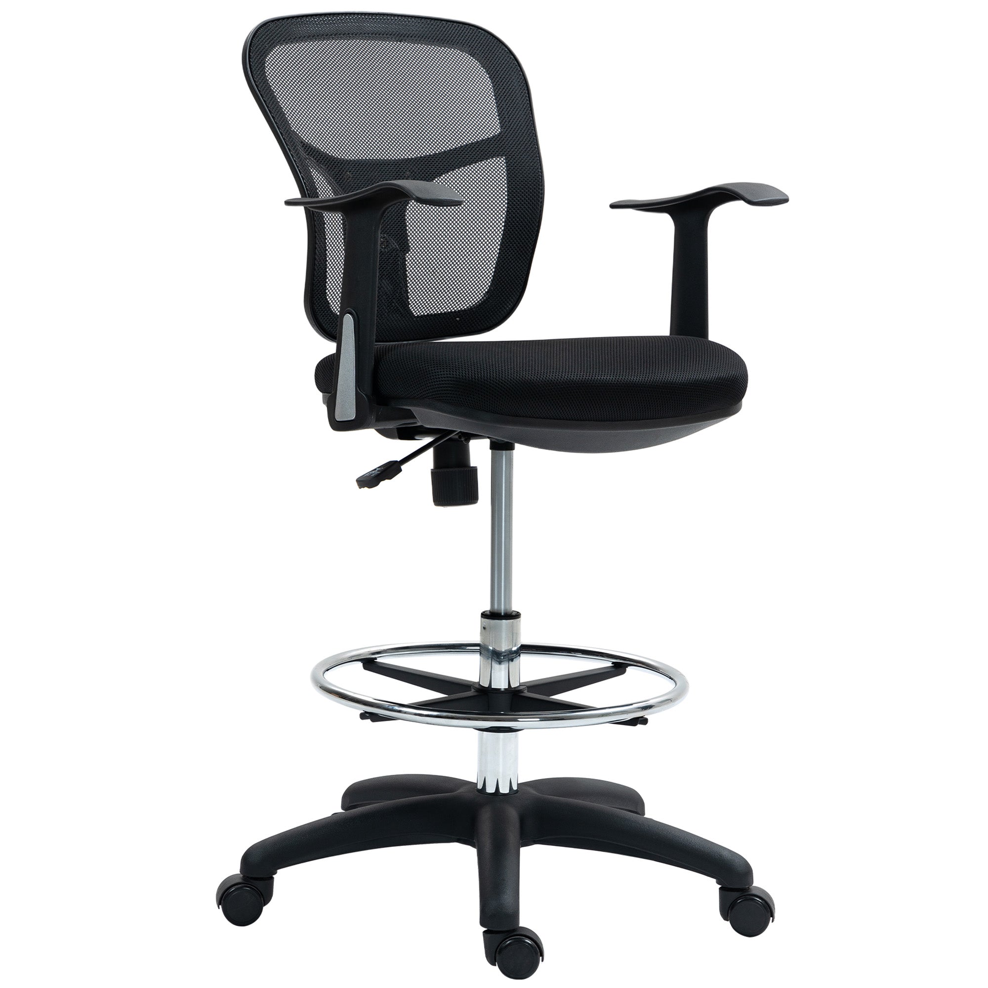 Swivel Office Chair with Footrest Ring and Curved Back, Ergonomic Polyester, Foam, and Plastic Chair, Height Adjustable, 55x58x94 cm, Black