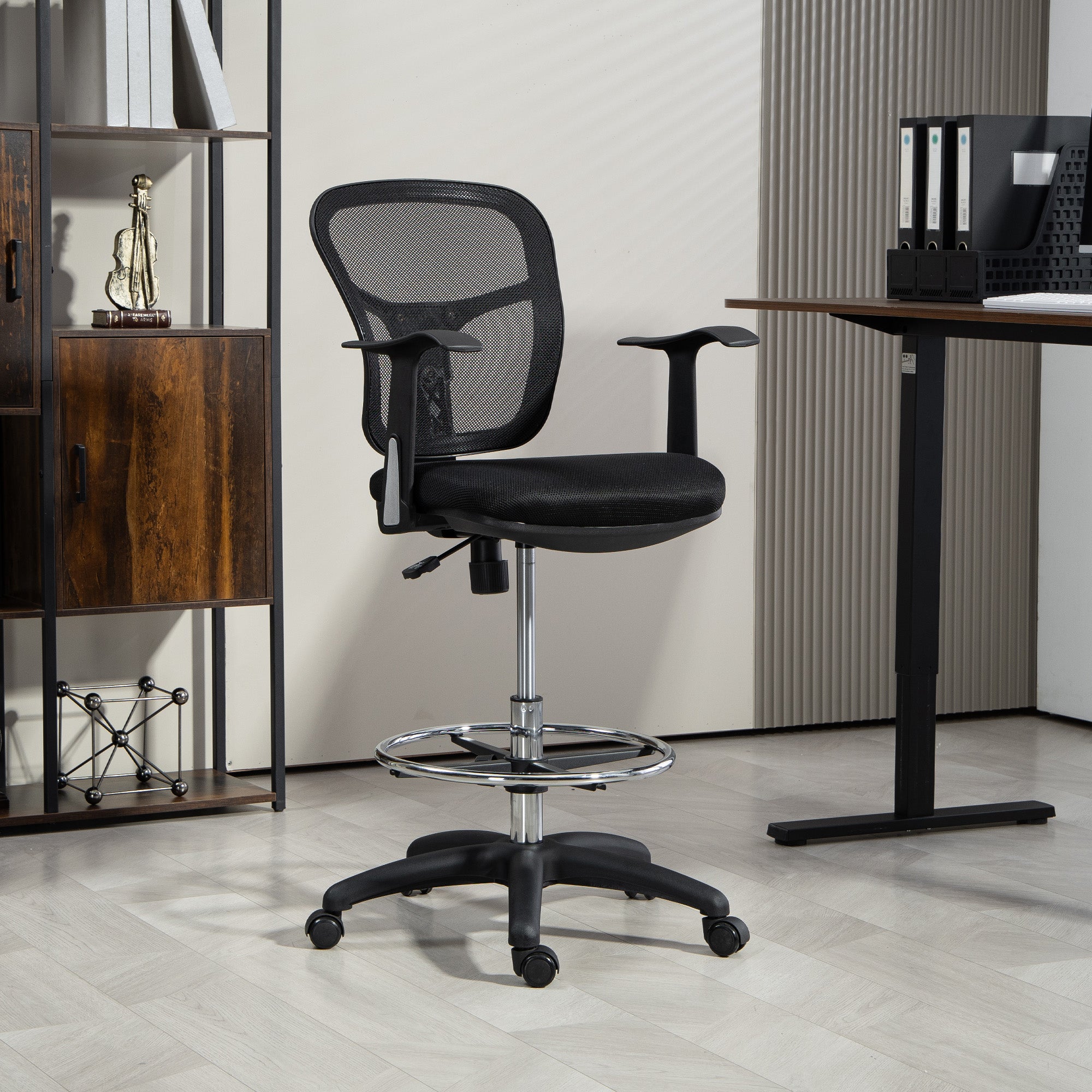 Swivel Office Chair with Footrest Ring and Curved Back, Ergonomic Polyester, Foam, and Plastic Chair, Height Adjustable, 55x58x94 cm, Black